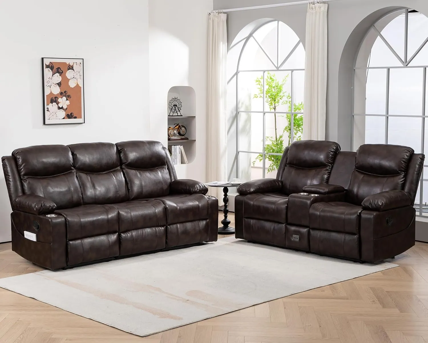 Recliner Sofa Set - Reclining Sofa Couch Set, 2 Pieces Recliner Furniture Sofa Set, 3-Seater Reclining Sofa & 2-Seater Reclining Loveseat with Massage & Heat for Living Room (Brown)