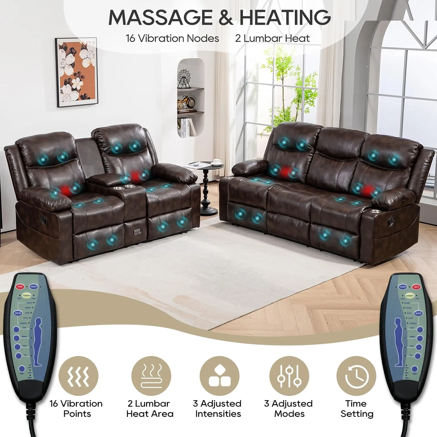 Recliner Sofa Set - Reclining Sofa Couch Set, 2 Pieces Recliner Furniture Sofa Set, 3-Seater Reclining Sofa & 2-Seater Reclining Loveseat with Massage & Heat for Living Room (Brown)