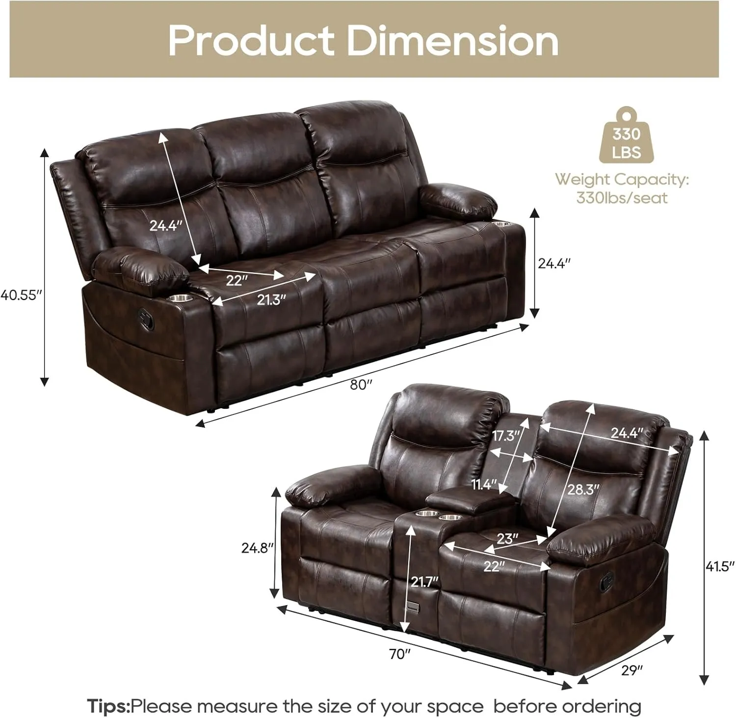 Recliner Sofa Set - Reclining Sofa Couch Set, 2 Pieces Recliner Furniture Sofa Set, 3-Seater Reclining Sofa & 2-Seater Reclining Loveseat with Massage & Heat for Living Room (Brown)