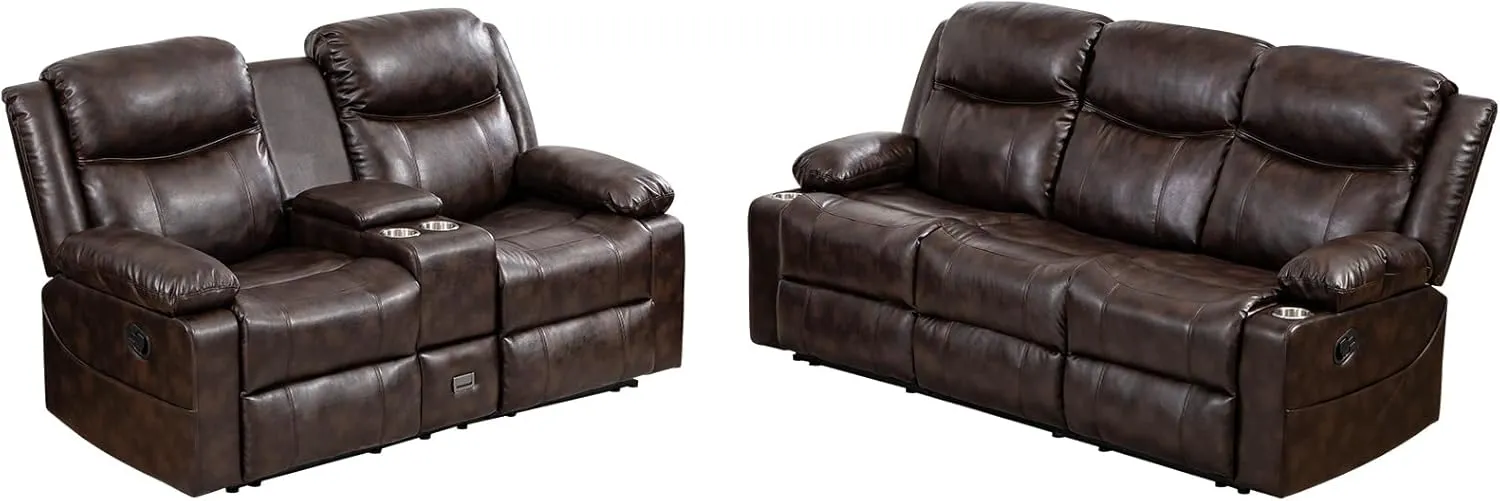 Recliner Sofa Set - Reclining Sofa Couch Set, 2 Pieces Recliner Furniture Sofa Set, 3-Seater Reclining Sofa & 2-Seater Reclining Loveseat with Massage & Heat for Living Room (Brown)