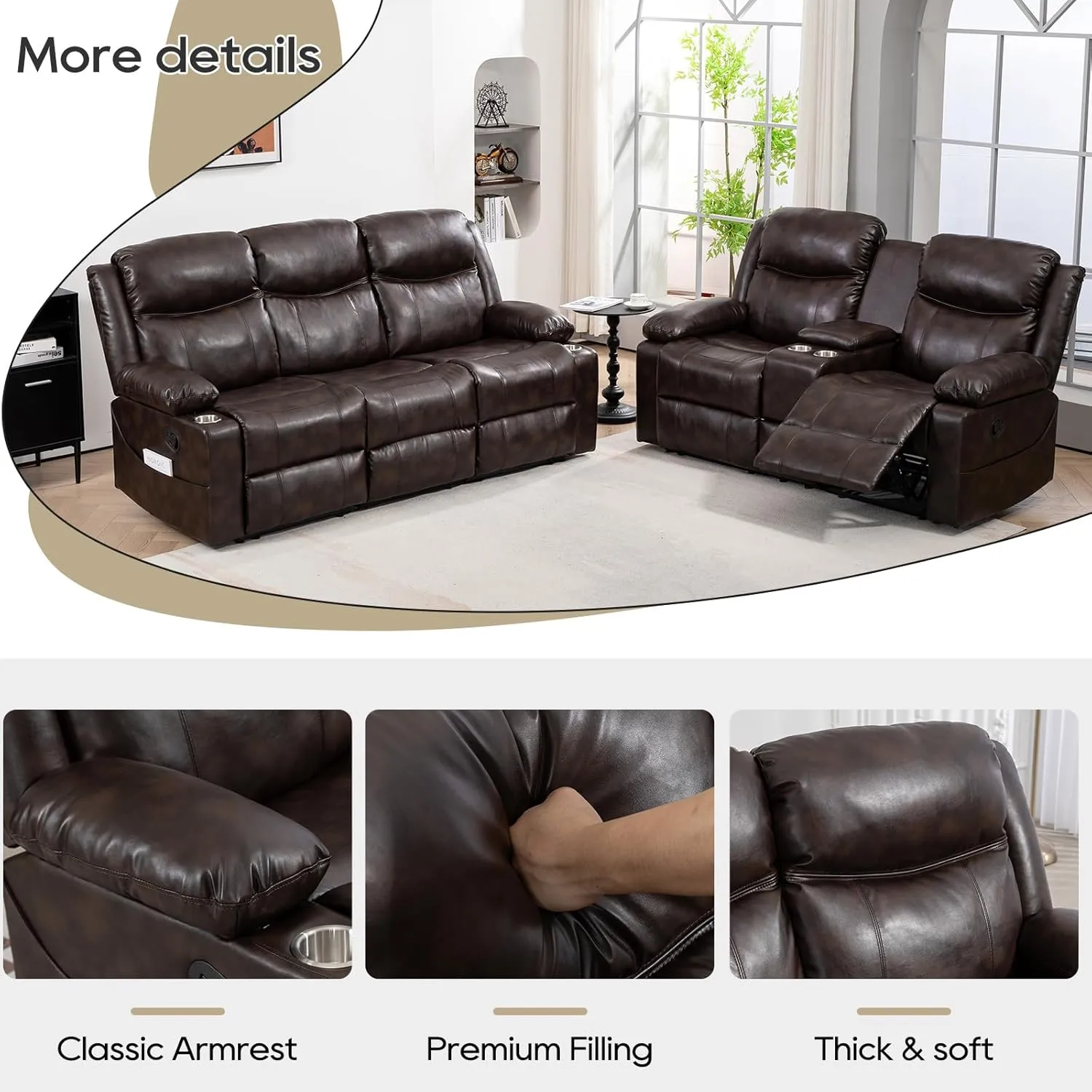 Recliner Sofa Set - Reclining Sofa Couch Set, 2 Pieces Recliner Furniture Sofa Set, 3-Seater Reclining Sofa & 2-Seater Reclining Loveseat with Massage & Heat for Living Room (Brown)