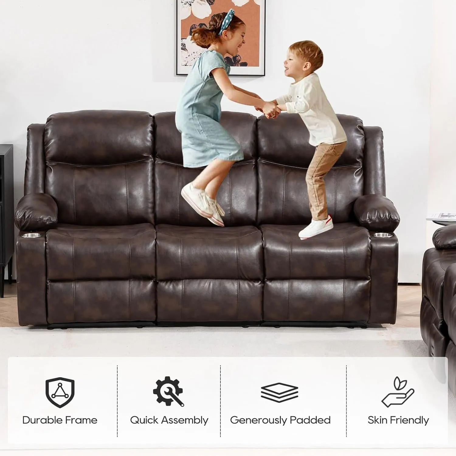Recliner Sofa Set - Reclining Sofa Couch Set, 2 Pieces Recliner Furniture Sofa Set, 3-Seater Reclining Sofa & 2-Seater Reclining Loveseat with Massage & Heat for Living Room (Brown)