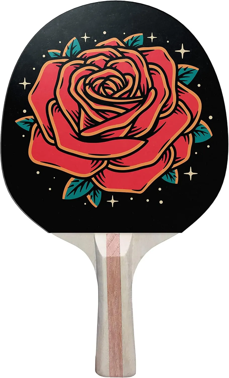 Red Rose Colorful Design Ping Pong Paddle, Premium 5 Ply Table Tennis Racket (Red on Back)