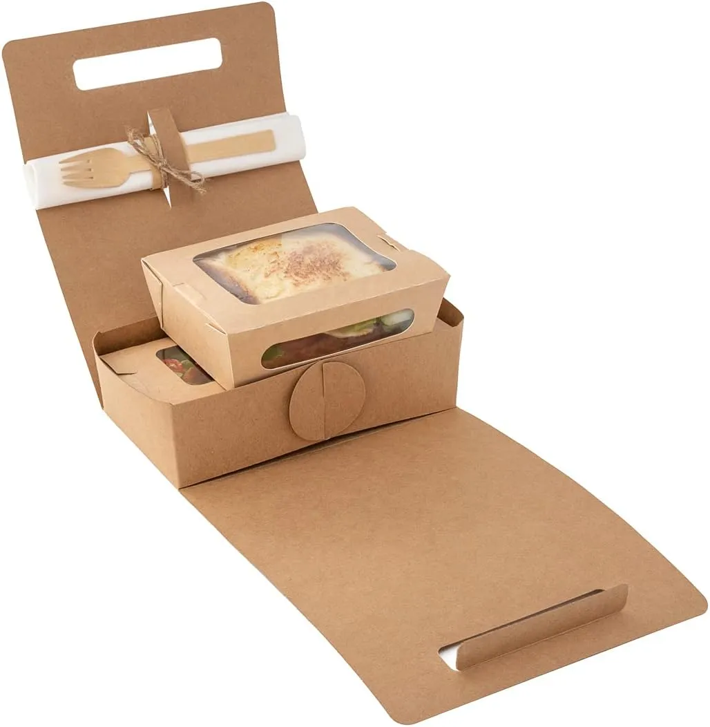 Restaurantware Bio Tek 8.75 x 4.25 x 8 Inch Paper Lunch Boxes With Handles 100 Disposable Kraft Food Containers - Cupholders Utensil Pocket Kraft Paper To Go Drink Carriers For Meals Or Beverages