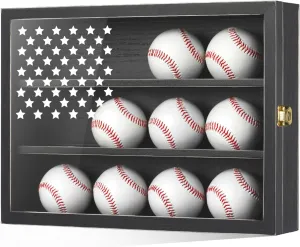 Retro Baseball Display Case Holds 12 Balls, 11"x16" Baseball Storage Box with HD Acrylic Glass, Wall Mount Baseball Ball Holder Stand with Flag for Collectors and Autographed Balls