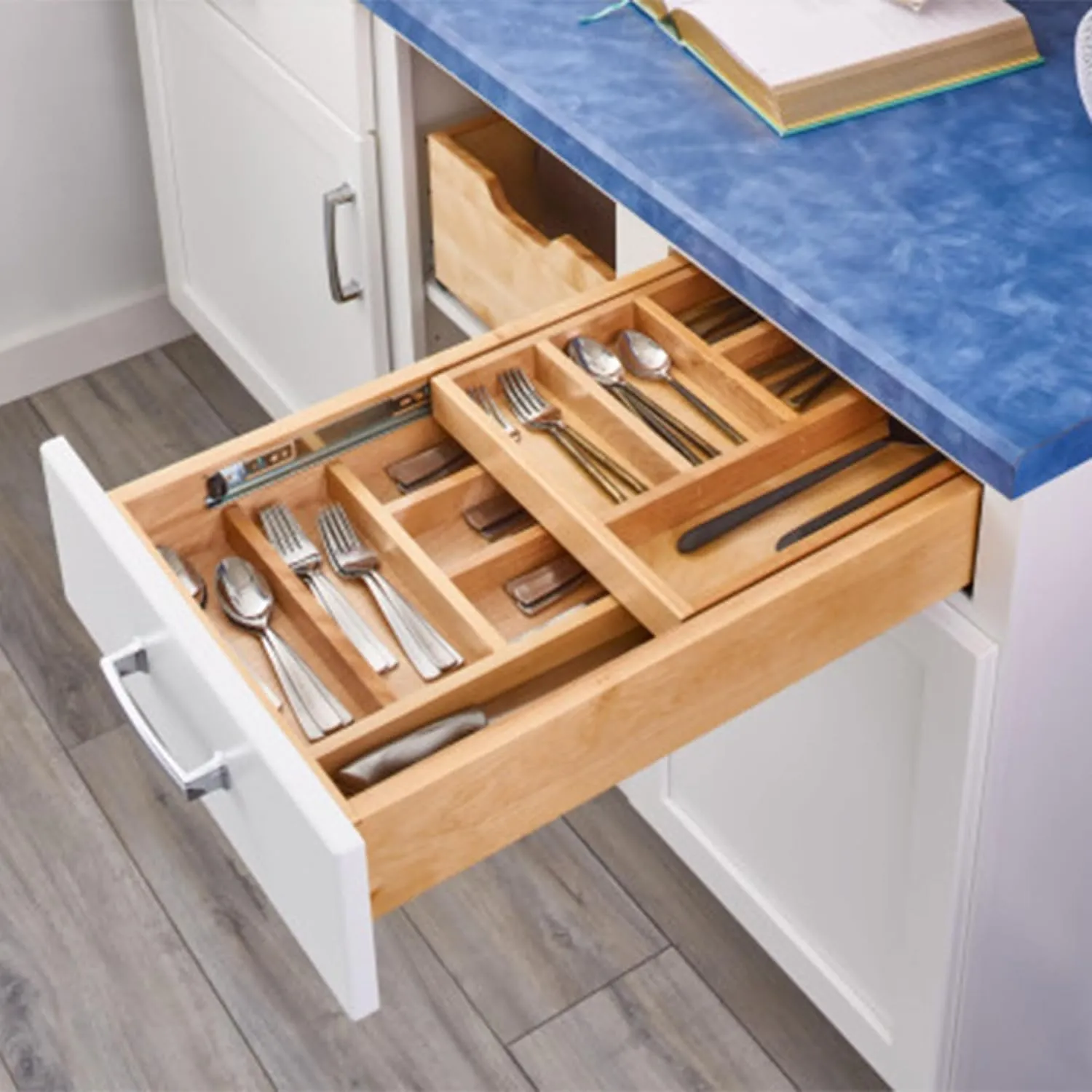 Rev-A-Shelf 18 Inch Wide 2 Tiered Kitchen Utensil & Cutlery Pullout Drawer Tray Organizer, 21" W Soft Close