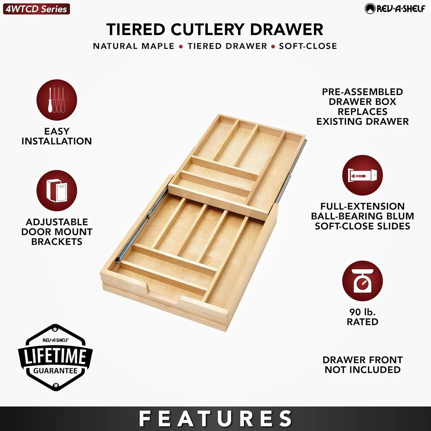 Rev-A-Shelf 18 Inch Wide 2 Tiered Kitchen Utensil & Cutlery Pullout Drawer Tray Organizer, 21" W Soft Close