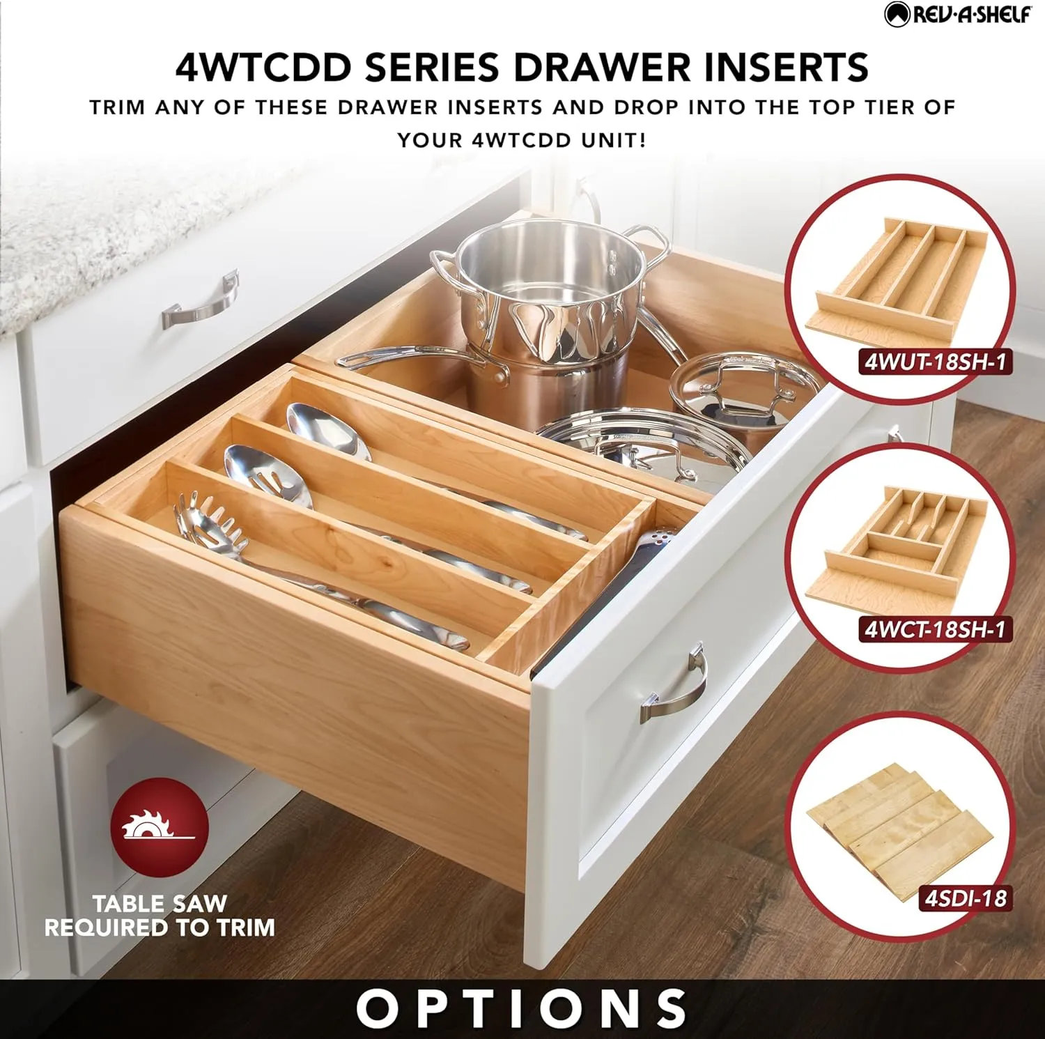 Rev-A-Shelf 4WTCDD-36HSC-1 33 Inch Wide 2 Tiered Kitchen Utensil & Cutlery Pullout Deep Drawer Tray Organizer with Blumotion Soft Close Slides, Wood