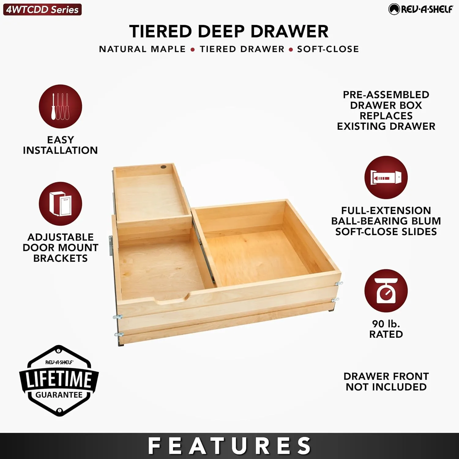 Rev-A-Shelf 4WTCDD-36HSC-1 33 Inch Wide 2 Tiered Kitchen Utensil & Cutlery Pullout Deep Drawer Tray Organizer with Blumotion Soft Close Slides, Wood