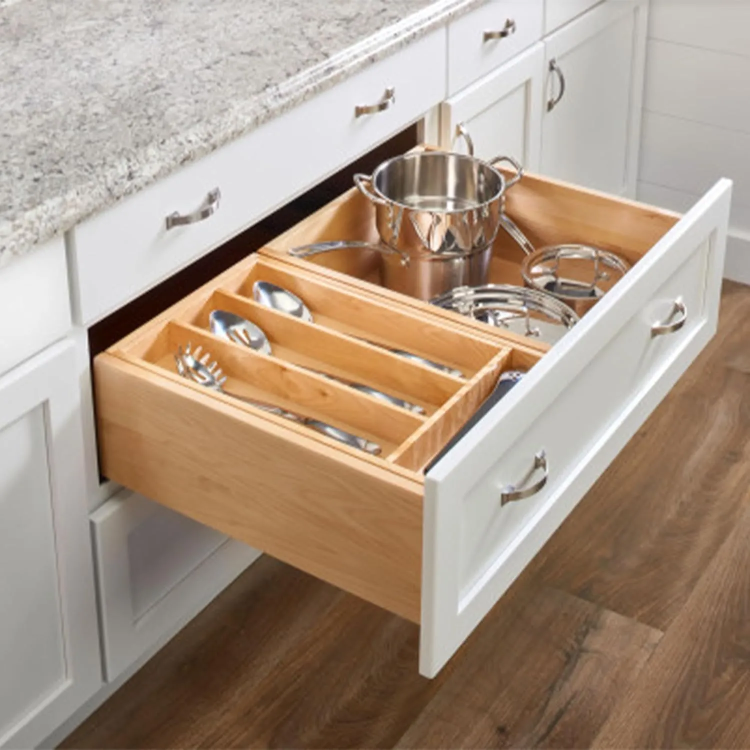 Rev-A-Shelf 4WTCDD-36HSC-1 33 Inch Wide 2 Tiered Kitchen Utensil & Cutlery Pullout Deep Drawer Tray Organizer with Blumotion Soft Close Slides, Wood