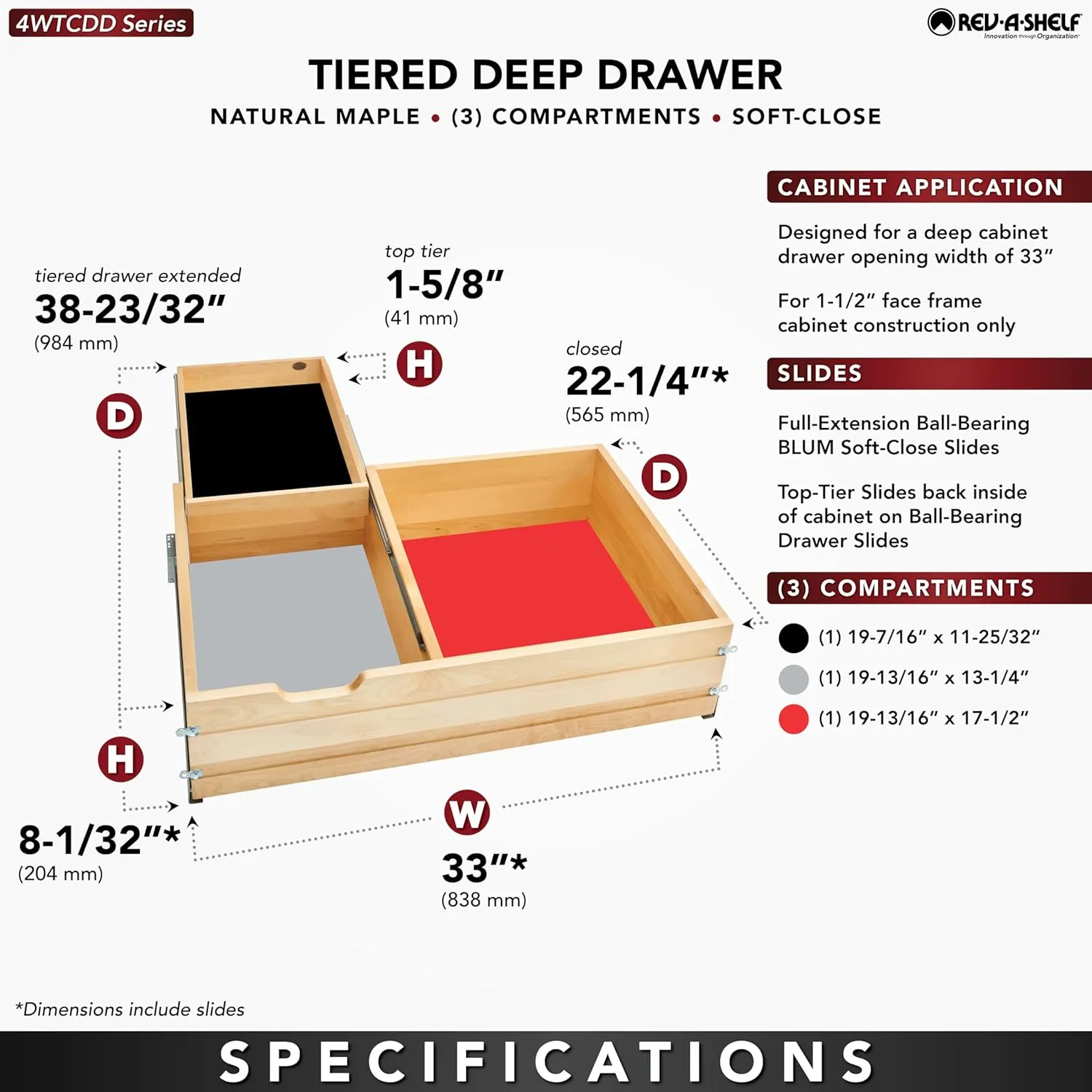 Rev-A-Shelf 4WTCDD-36HSC-1 33 Inch Wide 2 Tiered Kitchen Utensil & Cutlery Pullout Deep Drawer Tray Organizer with Blumotion Soft Close Slides, Wood