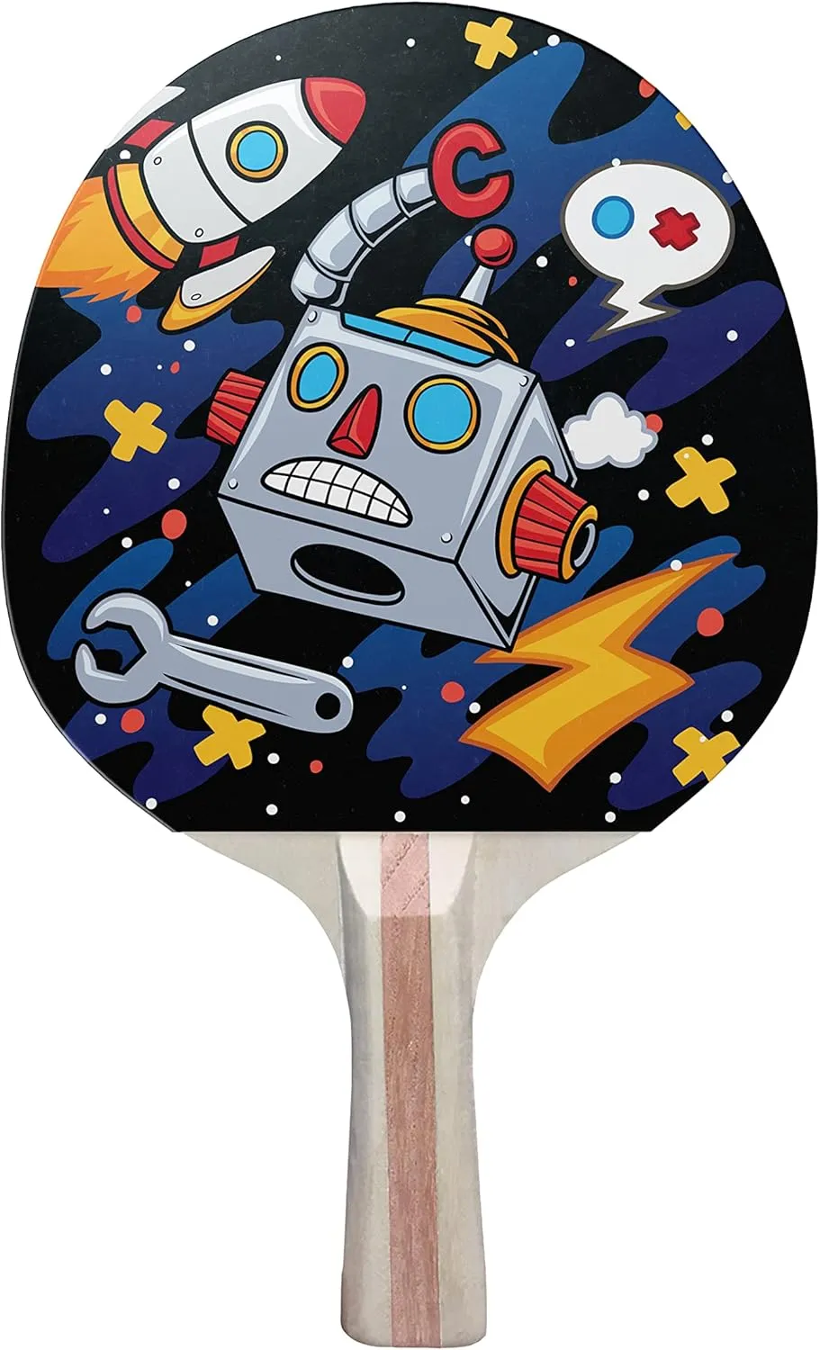 Robot Doodle Colorful Design Ping Pong Paddle, Premium 5 Ply Table Tennis Racket (Red on Back)