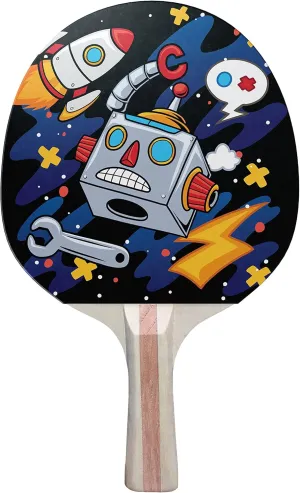Robot Doodle Colorful Design Ping Pong Paddle, Premium 5 Ply Table Tennis Racket (Red on Back)
