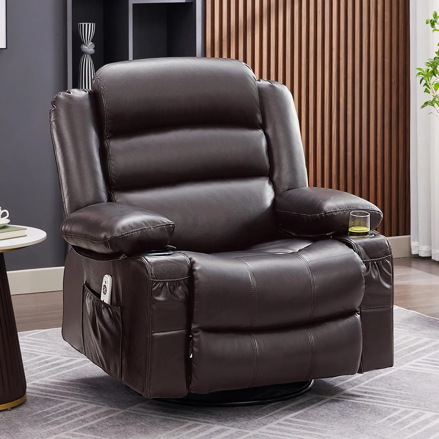 Rocker Recliner Chair with Heat and Massage, 360° Swivel Recliner Chairs for Adults, Oversized Recliner Single Sofa Seat with Cup Holders, Lazy Boy Recliner Single Sofa Seat (Deepbrown)