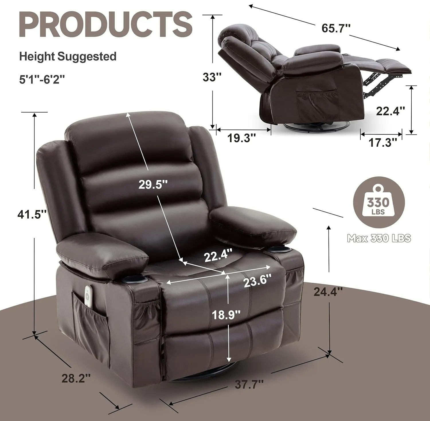Rocker Recliner Chair with Heat and Massage, 360° Swivel Recliner Chairs for Adults, Oversized Recliner Single Sofa Seat with Cup Holders, Lazy Boy Recliner Single Sofa Seat (Deepbrown)