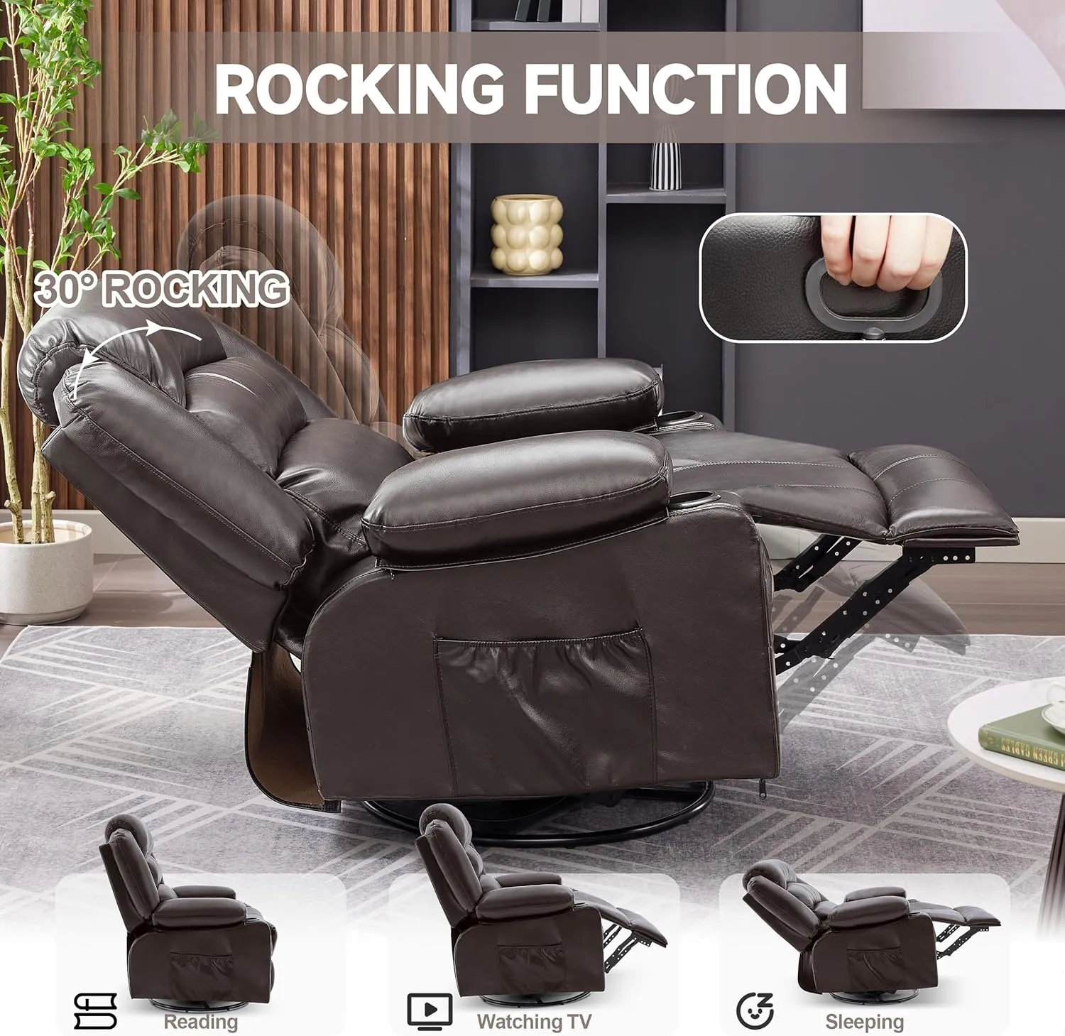 Rocker Recliner Chair with Heat and Massage, 360° Swivel Recliner Chairs for Adults, Oversized Recliner Single Sofa Seat with Cup Holders, Lazy Boy Recliner Single Sofa Seat (Deepbrown)