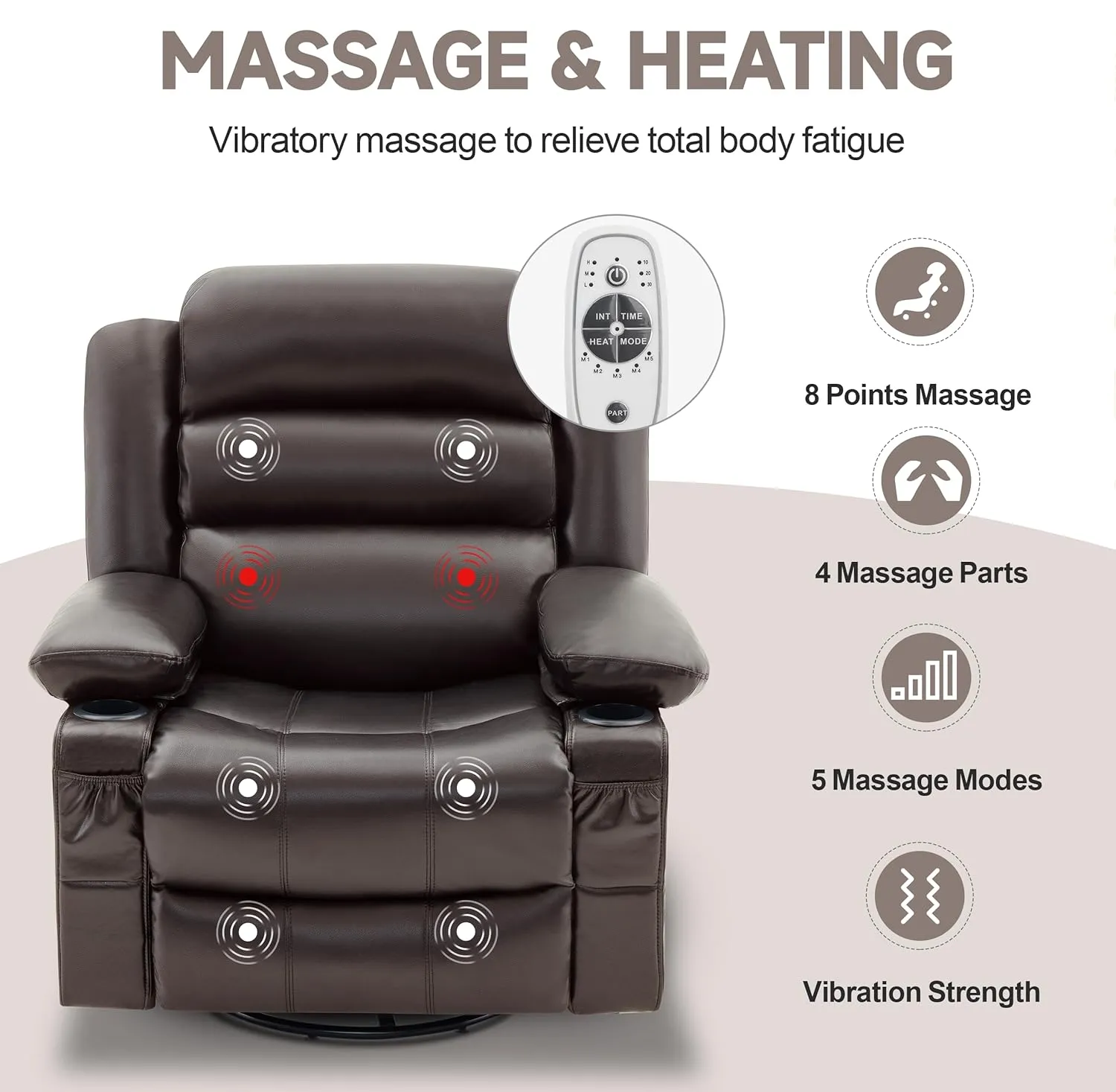 Rocker Recliner Chair with Heat and Massage, 360° Swivel Recliner Chairs for Adults, Oversized Recliner Single Sofa Seat with Cup Holders, Lazy Boy Recliner Single Sofa Seat (Deepbrown)