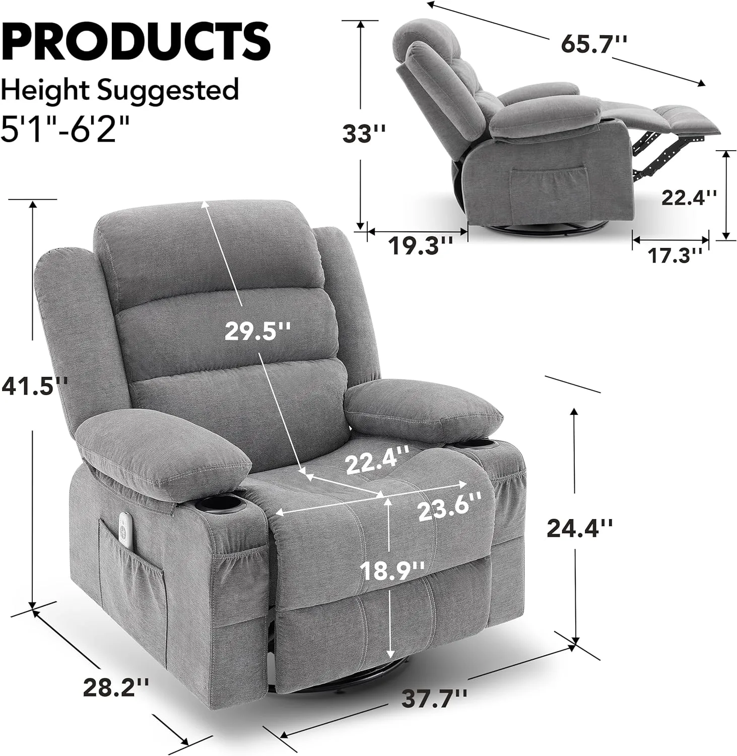 Rocker Recliner Chair with Heat and Massage, 360° Swivel Recliner Chairs for Adults, Oversized Recliner Single Sofa Seat with Cup Holders, Lazy Boy Recliner Single Sofa Seat, Grey