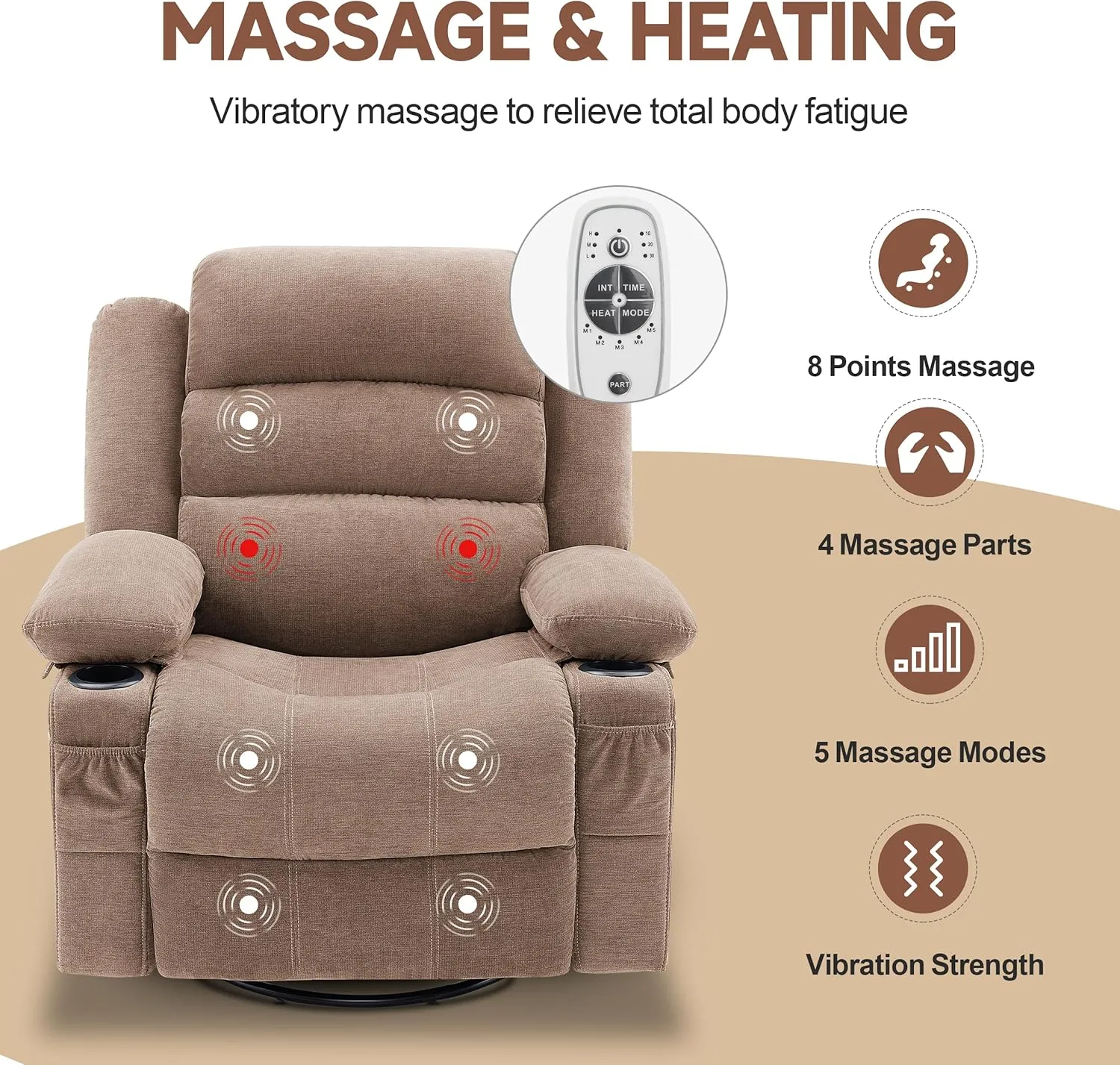 Rocker Recliner Chair with Heat and Massage, 360° Swivel Recliner Chairs for Adults, Oversized Recliner Single Sofa Seat with Cup Holders, Lazy Boy Recliner Single Sofa Seat (Lightbrown)