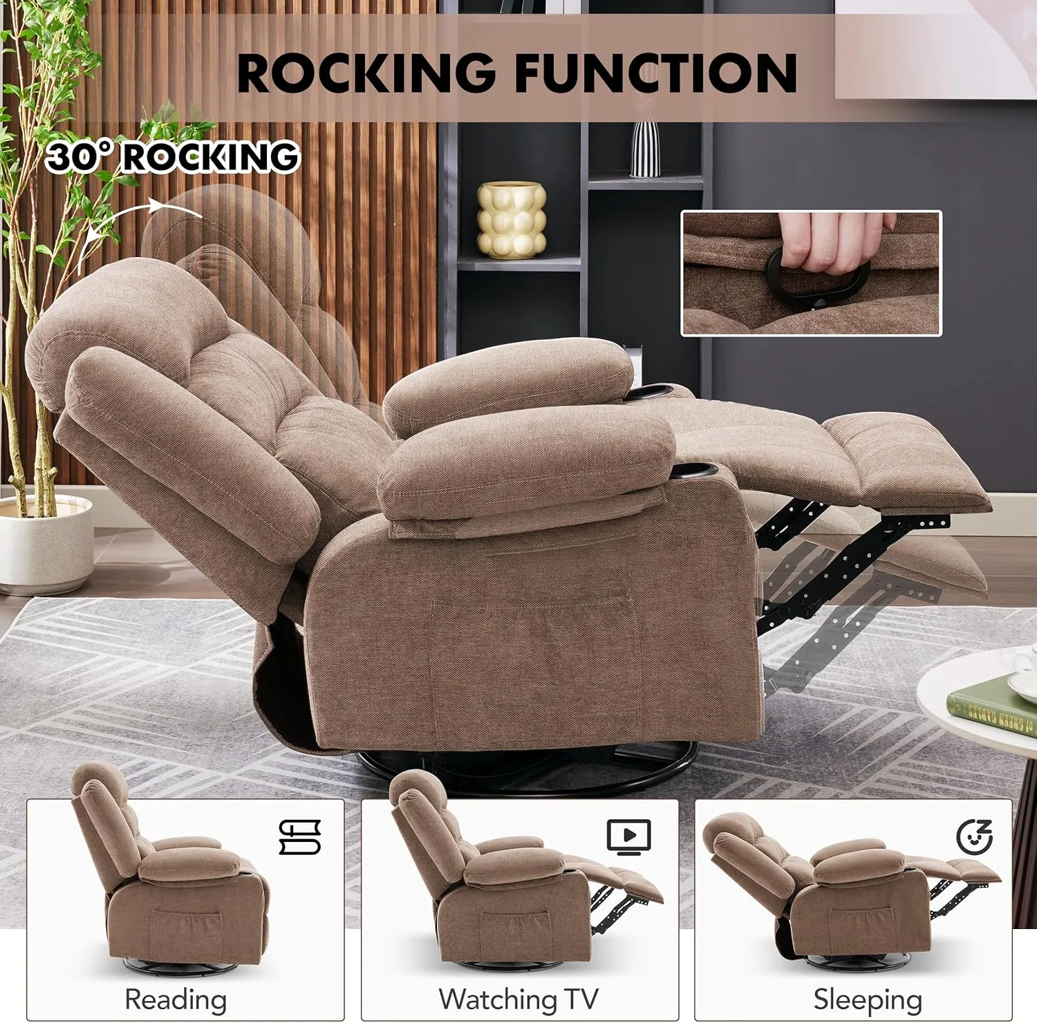 Rocker Recliner Chair with Heat and Massage, 360° Swivel Recliner Chairs for Adults, Oversized Recliner Single Sofa Seat with Cup Holders, Lazy Boy Recliner Single Sofa Seat (Lightbrown)