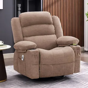 Rocker Recliner Chair with Heat and Massage, 360° Swivel Recliner Chairs for Adults, Oversized Recliner Single Sofa Seat with Cup Holders, Lazy Boy Recliner Single Sofa Seat (Lightbrown)