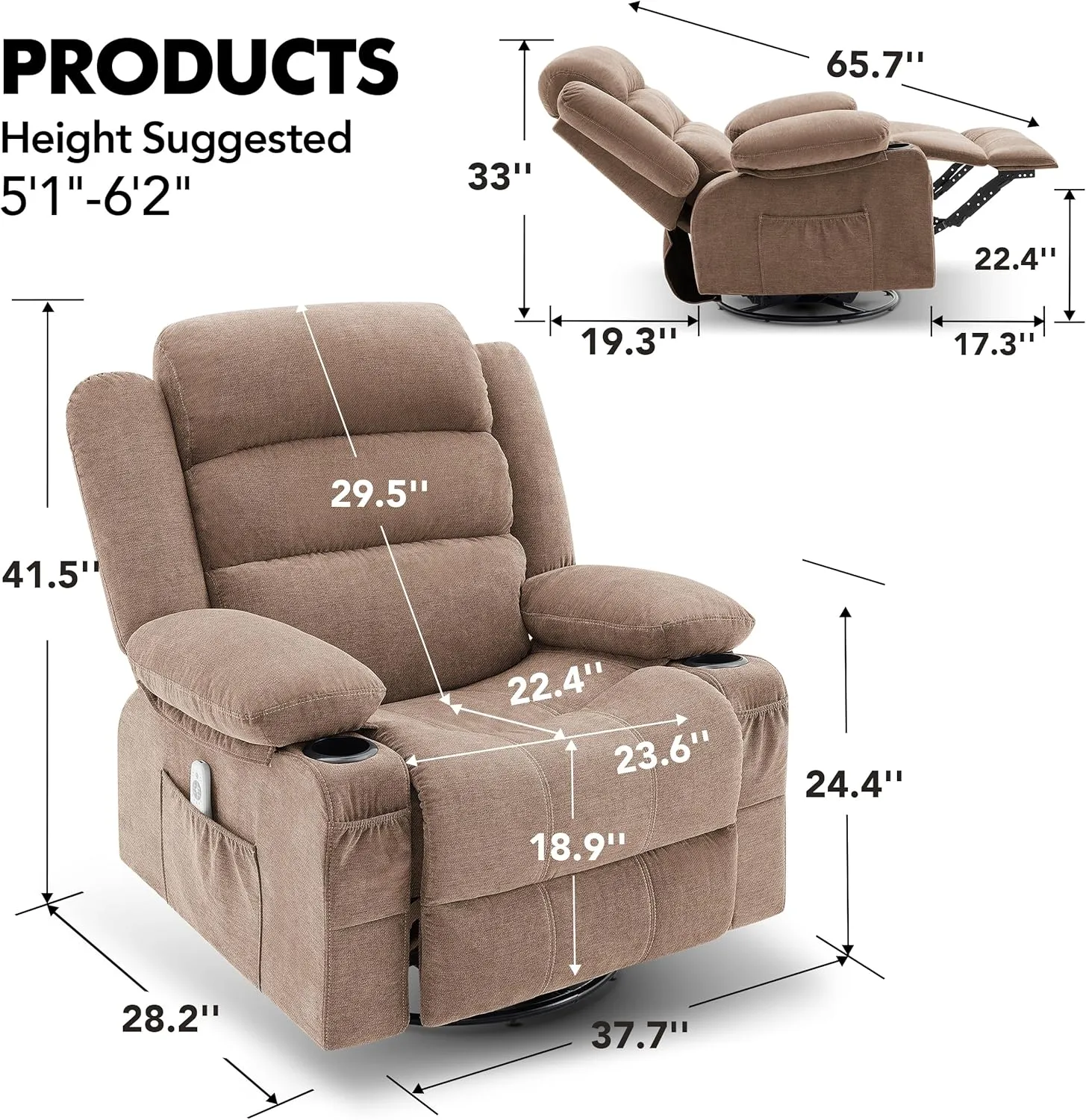 Rocker Recliner Chair with Heat and Massage, 360° Swivel Recliner Chairs for Adults, Oversized Recliner Single Sofa Seat with Cup Holders, Lazy Boy Recliner Single Sofa Seat (Lightbrown)