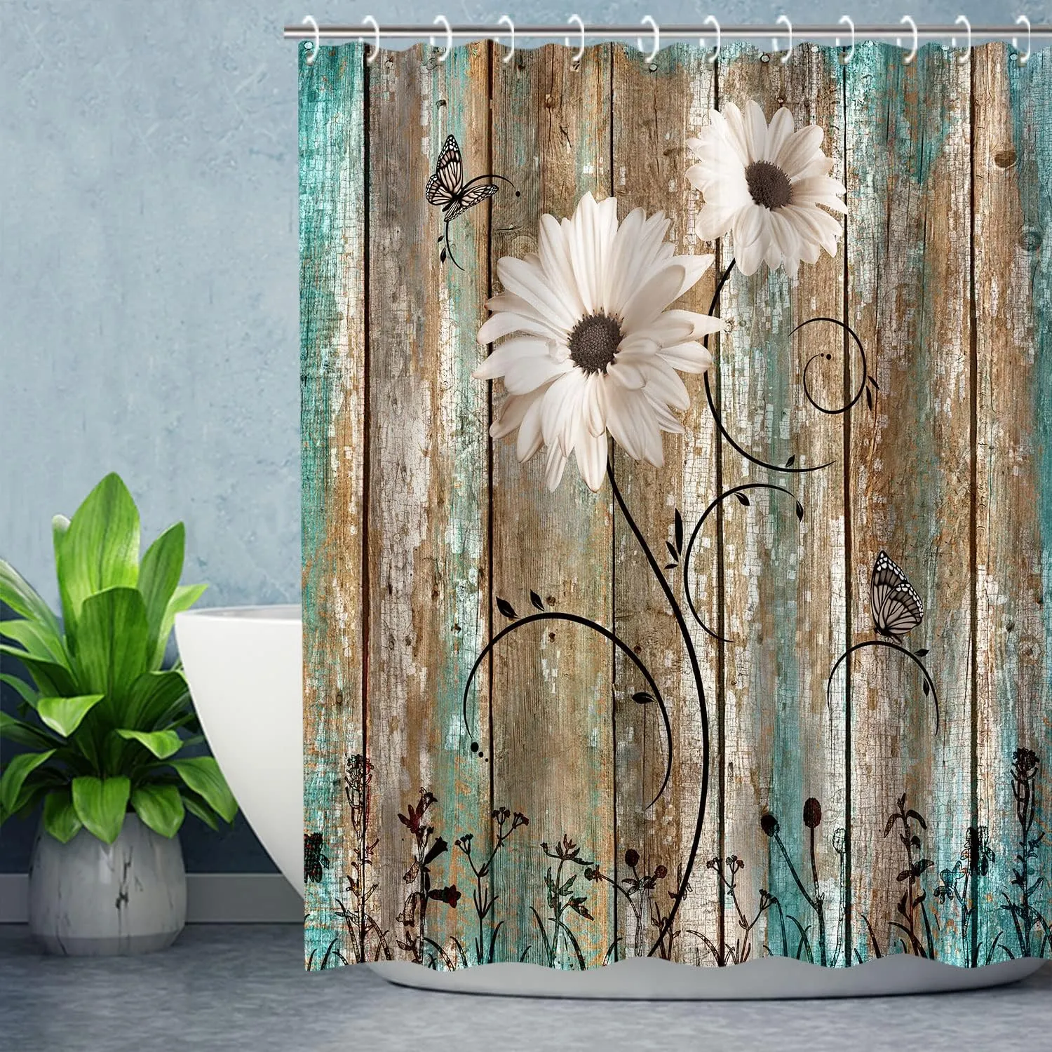 RosieLily Rustic Shower Curtain Floral Barnwood Fabric Farmhouse Bath Curtain 12 Hooks Old Wooden Garage Door American Country Farm Style 72 Inch Shower Curtain