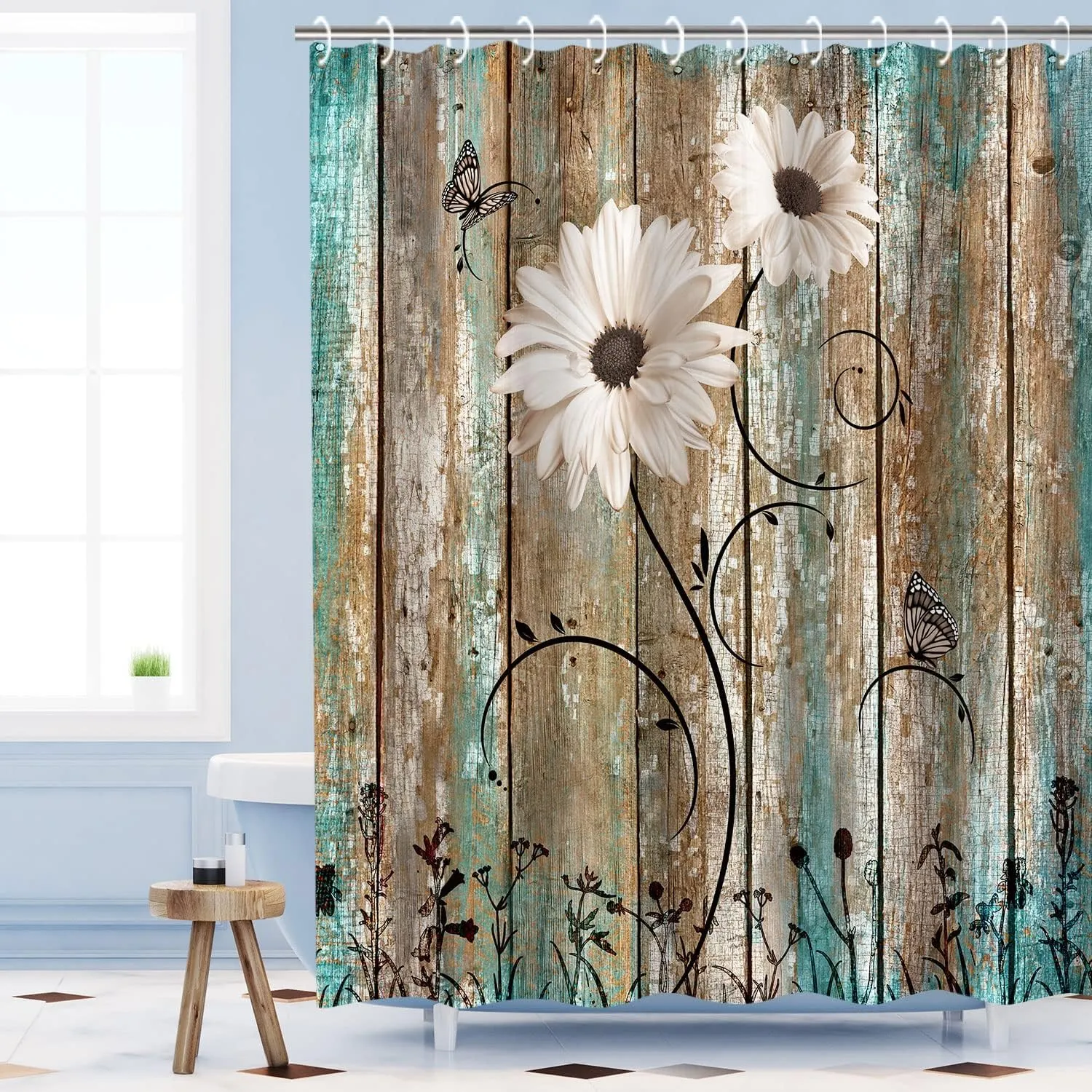 RosieLily Rustic Shower Curtain Floral Barnwood Fabric Farmhouse Bath Curtain 12 Hooks Old Wooden Garage Door American Country Farm Style 72 Inch Shower Curtain