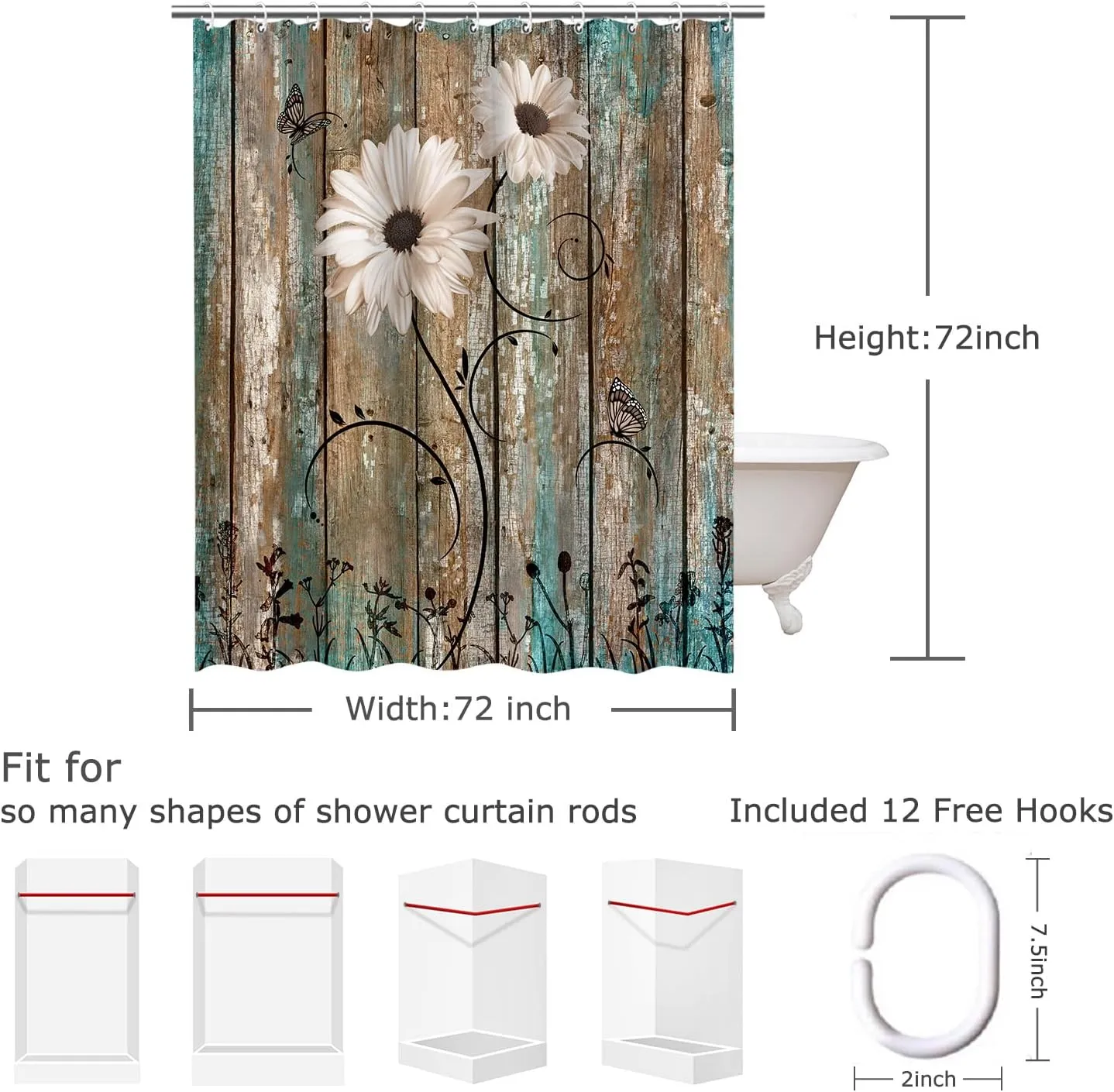 RosieLily Rustic Shower Curtain Floral Barnwood Fabric Farmhouse Bath Curtain 12 Hooks Old Wooden Garage Door American Country Farm Style 72 Inch Shower Curtain