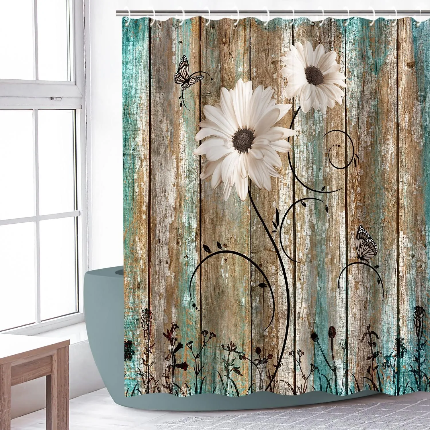 RosieLily Rustic Shower Curtain Floral Barnwood Fabric Farmhouse Bath Curtain 12 Hooks Old Wooden Garage Door American Country Farm Style 72 Inch Shower Curtain