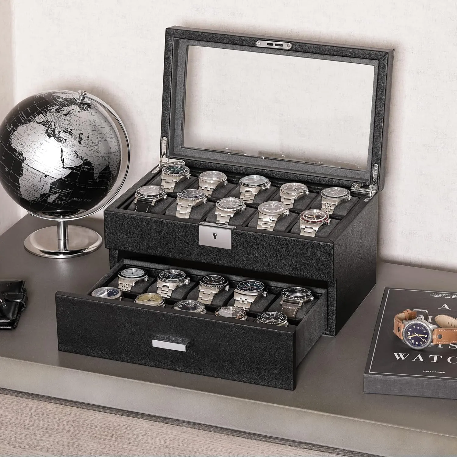 ROTHWELL 20 Slot Leather Watch box - Luxury Case Display Jewelry Organizer, Locking Display Case Holder with Large Real Glass Top - Watch Box Organizer for Men and Women (Black/Grey)