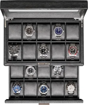 ROTHWELL 20 Slot Leather Watch box - Luxury Case Display Jewelry Organizer, Locking Display Case Holder with Large Real Glass Top - Watch Box Organizer for Men and Women (Black/Grey)