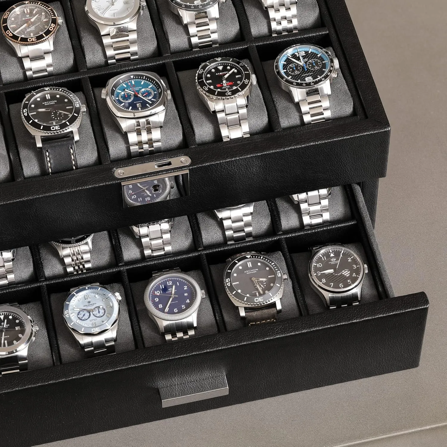 ROTHWELL 20 Slot Leather Watch box - Luxury Case Display Jewelry Organizer, Locking Display Case Holder with Large Real Glass Top - Watch Box Organizer for Men and Women (Black/Grey)