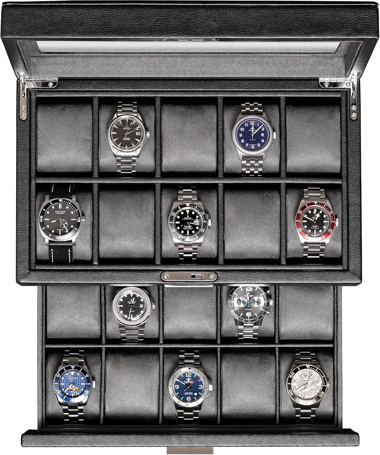 ROTHWELL 20 Slot Leather Watch box - Luxury Case Display Jewelry Organizer, Locking Display Case Holder with Large Real Glass Top - Watch Box Organizer for Men and Women (Black/Grey)