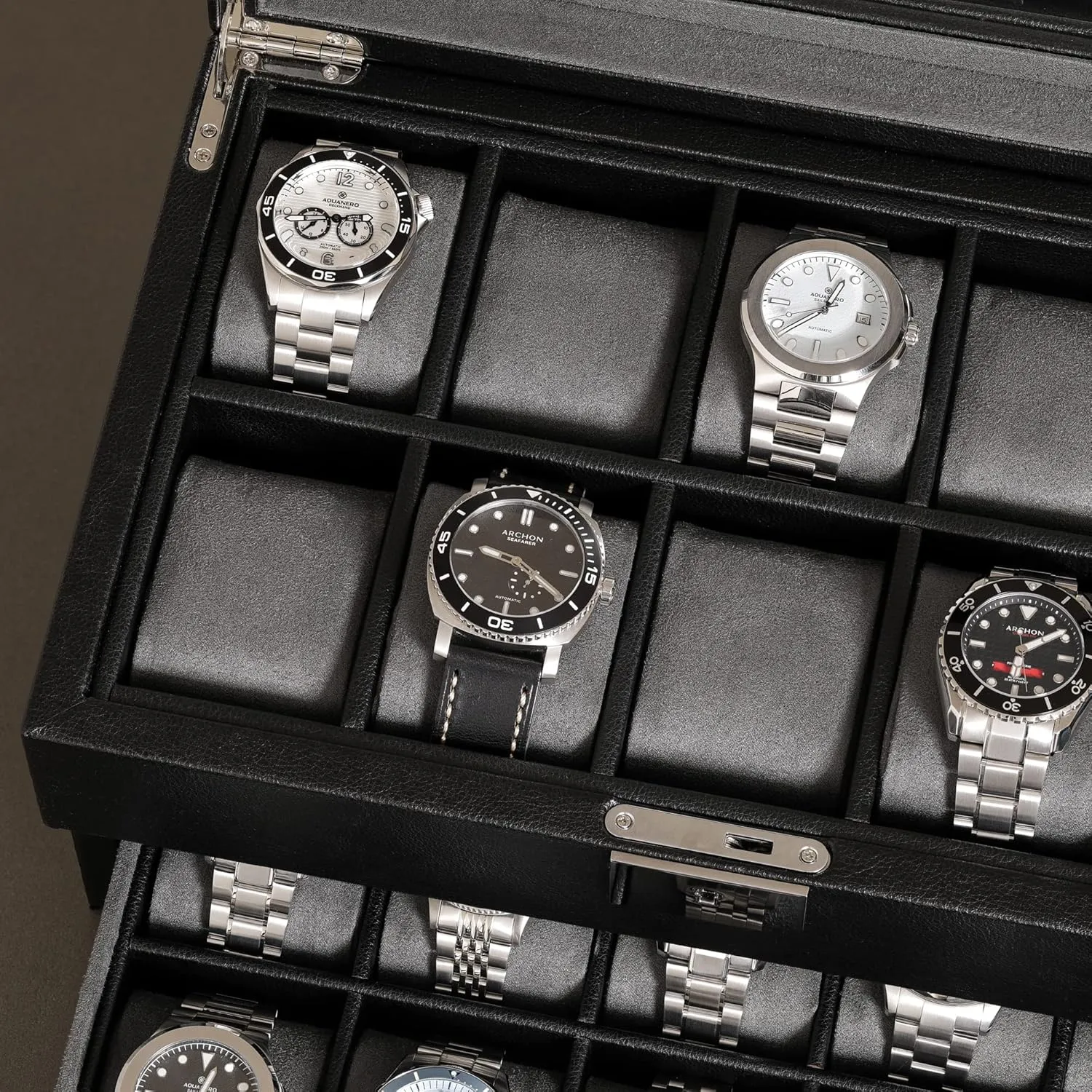ROTHWELL 20 Slot Leather Watch box - Luxury Case Display Jewelry Organizer, Locking Display Case Holder with Large Real Glass Top - Watch Box Organizer for Men and Women (Black/Grey)