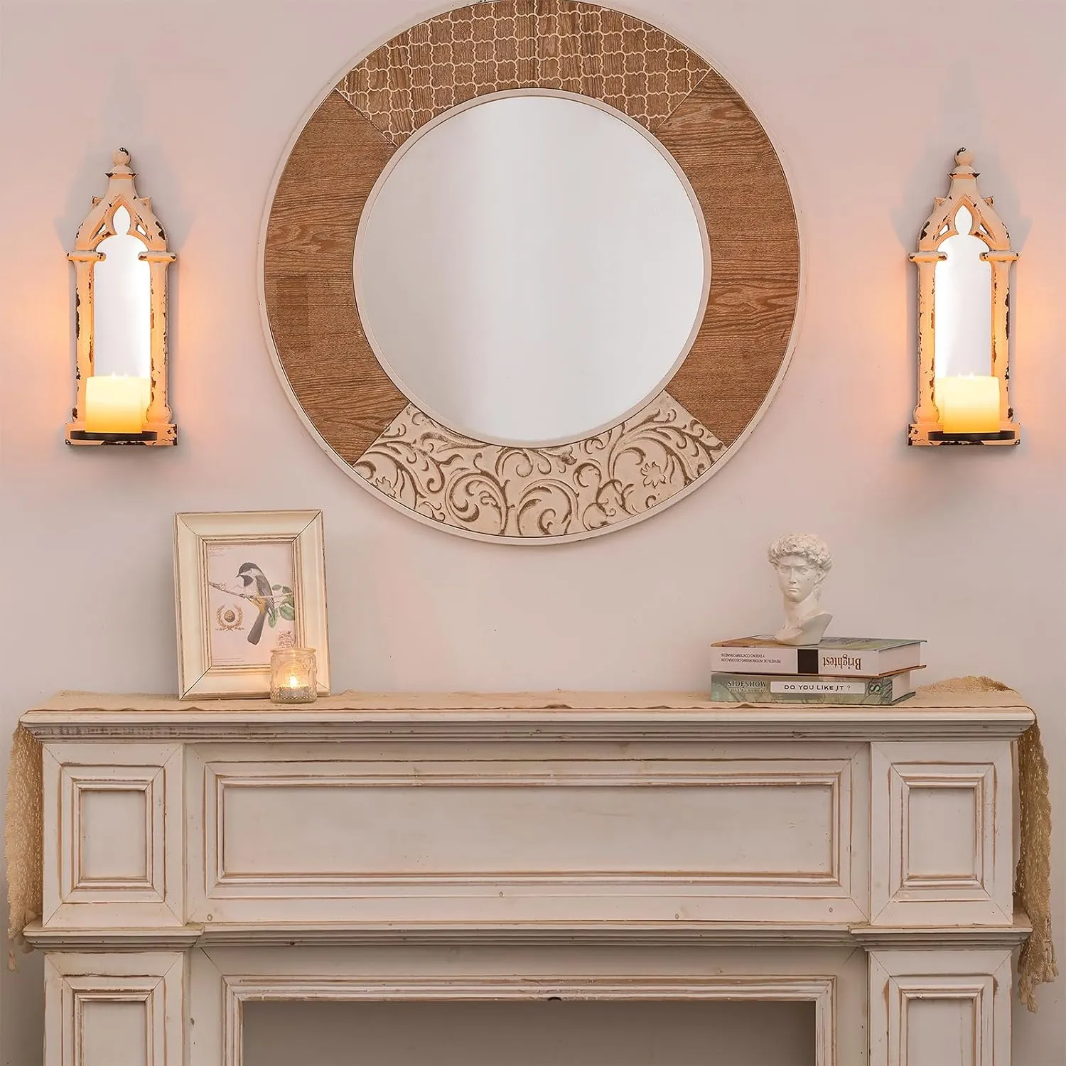 Rustic Mirror Wall Candle Sconces Set of 2 - Shabby Chic Decor Candle Holder French for Farmhouse Bathroom Living Room Mirrored Sconce
