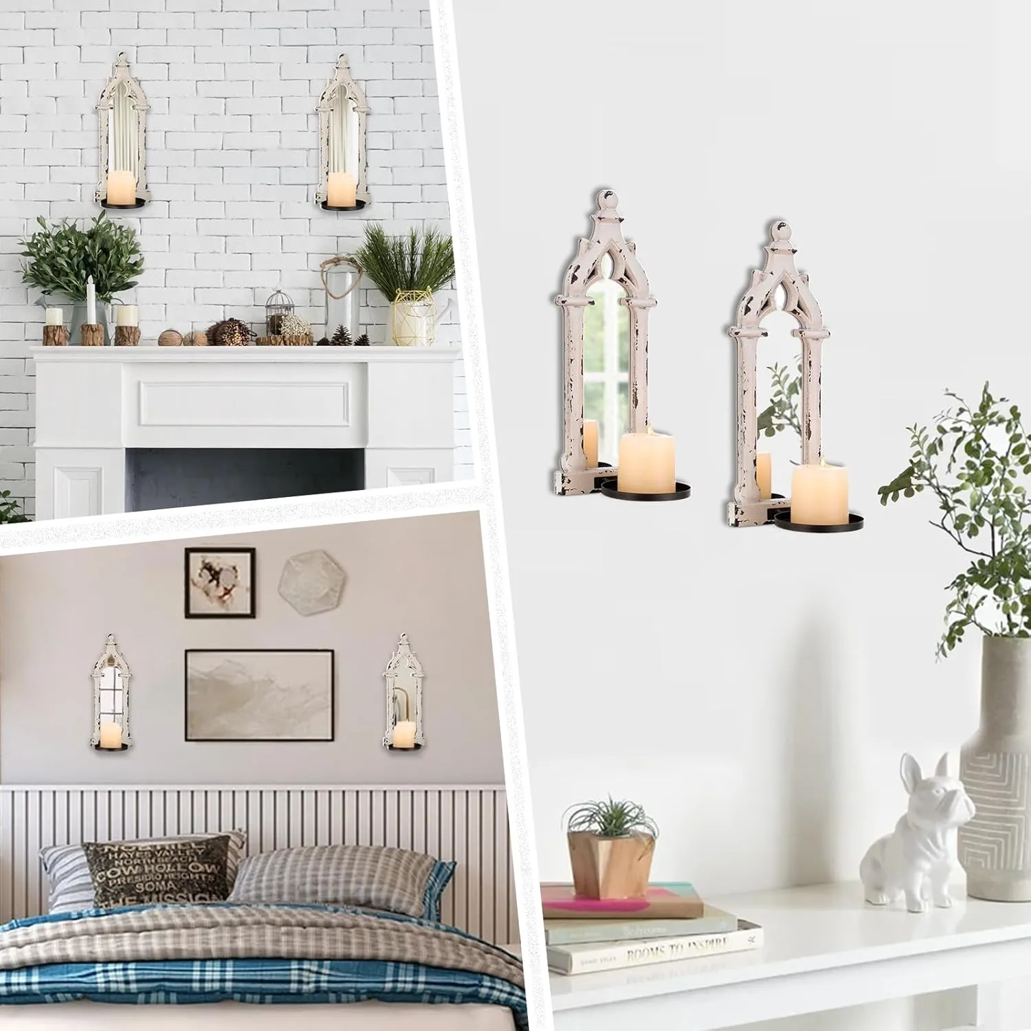 Rustic Mirror Wall Candle Sconces Set of 2 - Shabby Chic Decor Candle Holder French for Farmhouse Bathroom Living Room Mirrored Sconce