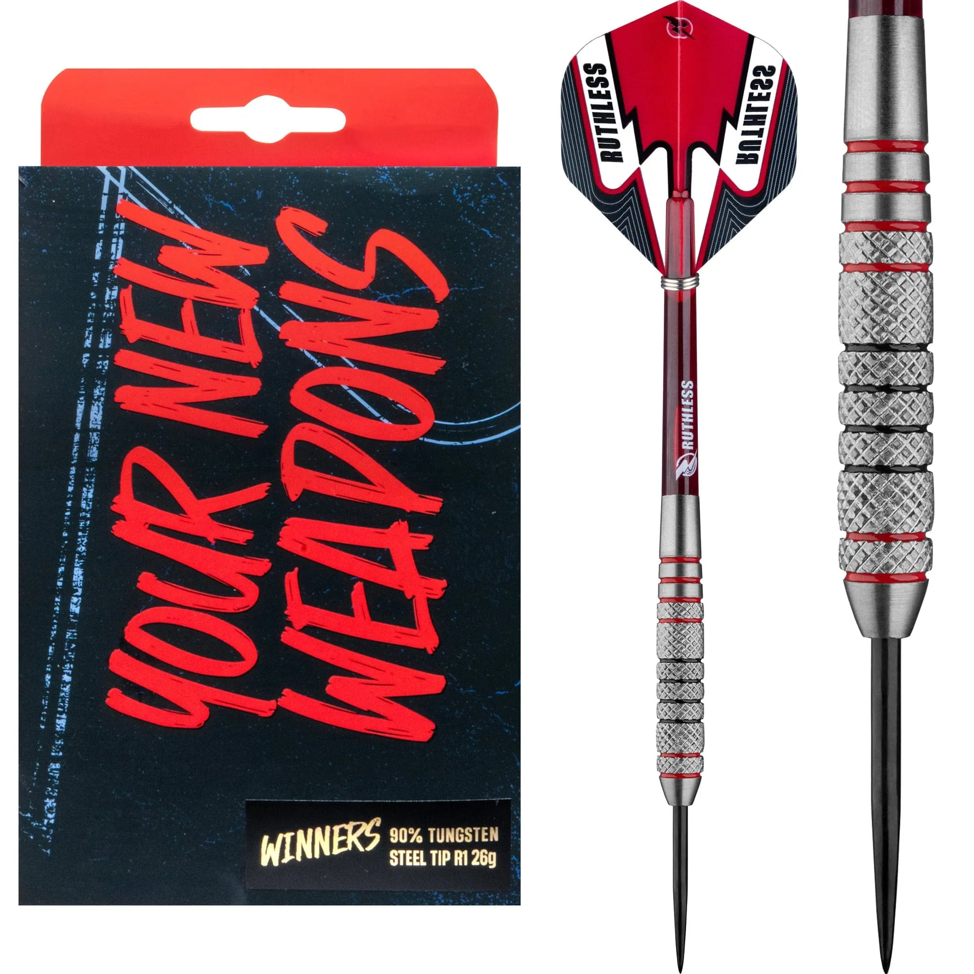 Ruthless Winners Darts - Steel Tip - Knurled - Black & Red - 26g