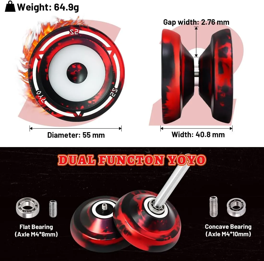 S2 Beginners Yoyo Professional Trick Yoyo for Kids 8-12, Metal Responsive Yo-yo for Adults with Dual Function, 10 Strings, Case, Bearing Removal Tool