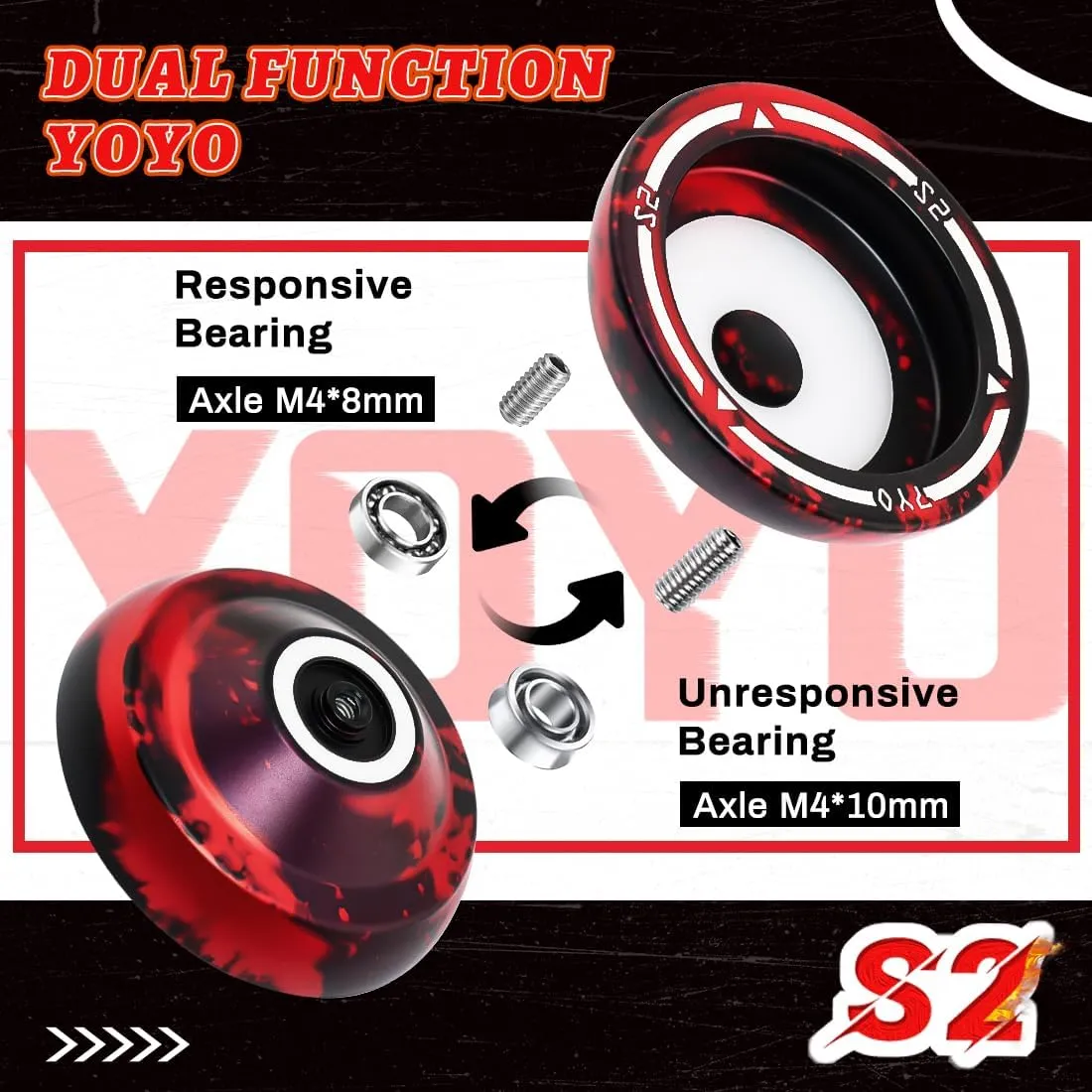 S2 Beginners Yoyo Professional Trick Yoyo for Kids 8-12, Metal Responsive Yo-yo for Adults with Dual Function, 10 Strings, Case, Bearing Removal Tool