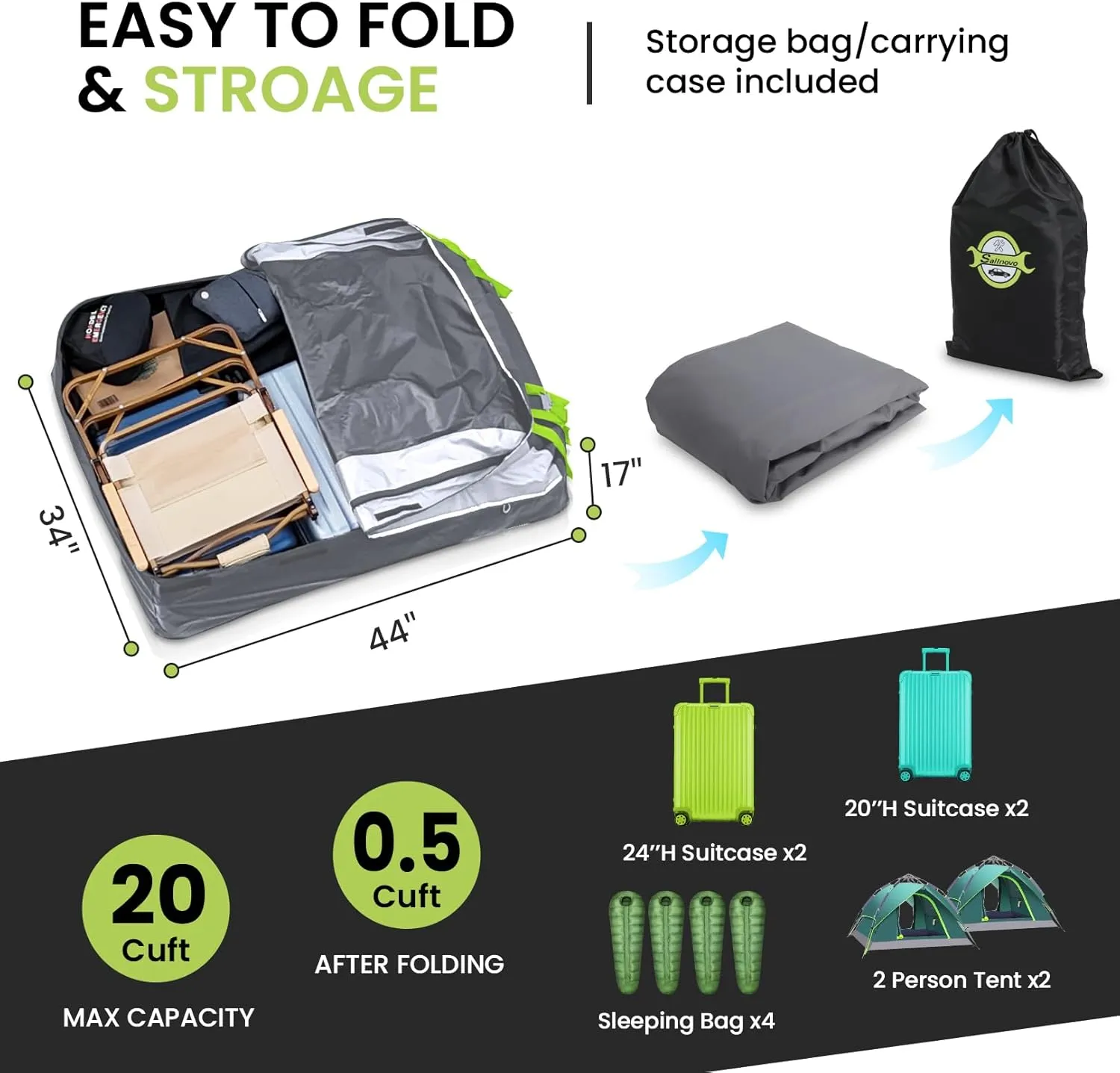 Sailnovo Car Roof Bag Cargo Carrier 20 Cubic,Waterproof Cargo Roof Bag for All Vehicles with/Without Roof Rack with Strap, Anti-Slip Mat,6 Door Hooks(Classic Gray-Green)