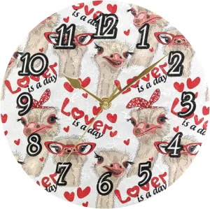 Seamless Ostriches with Red Glasses Hairpins Lover is a Day Letterings Wall Clock, Silent Non-Ticking Easy to Read Round Decorative Wall Clock with Gold Hands for Home Office School 9.5" in Diameter