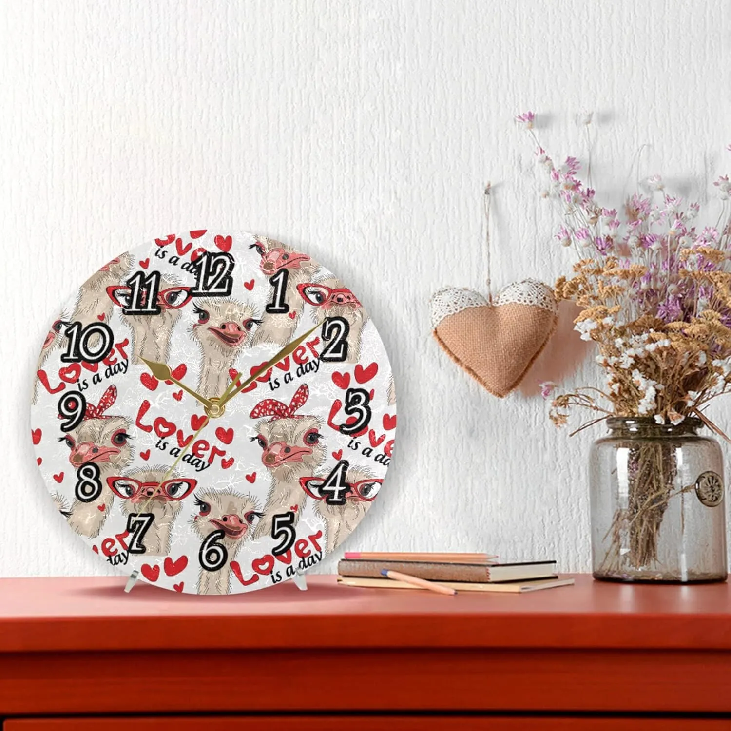 Seamless Ostriches with Red Glasses Hairpins Lover is a Day Letterings Wall Clock, Silent Non-Ticking Easy to Read Round Decorative Wall Clock with Gold Hands for Home Office School 9.5" in Diameter