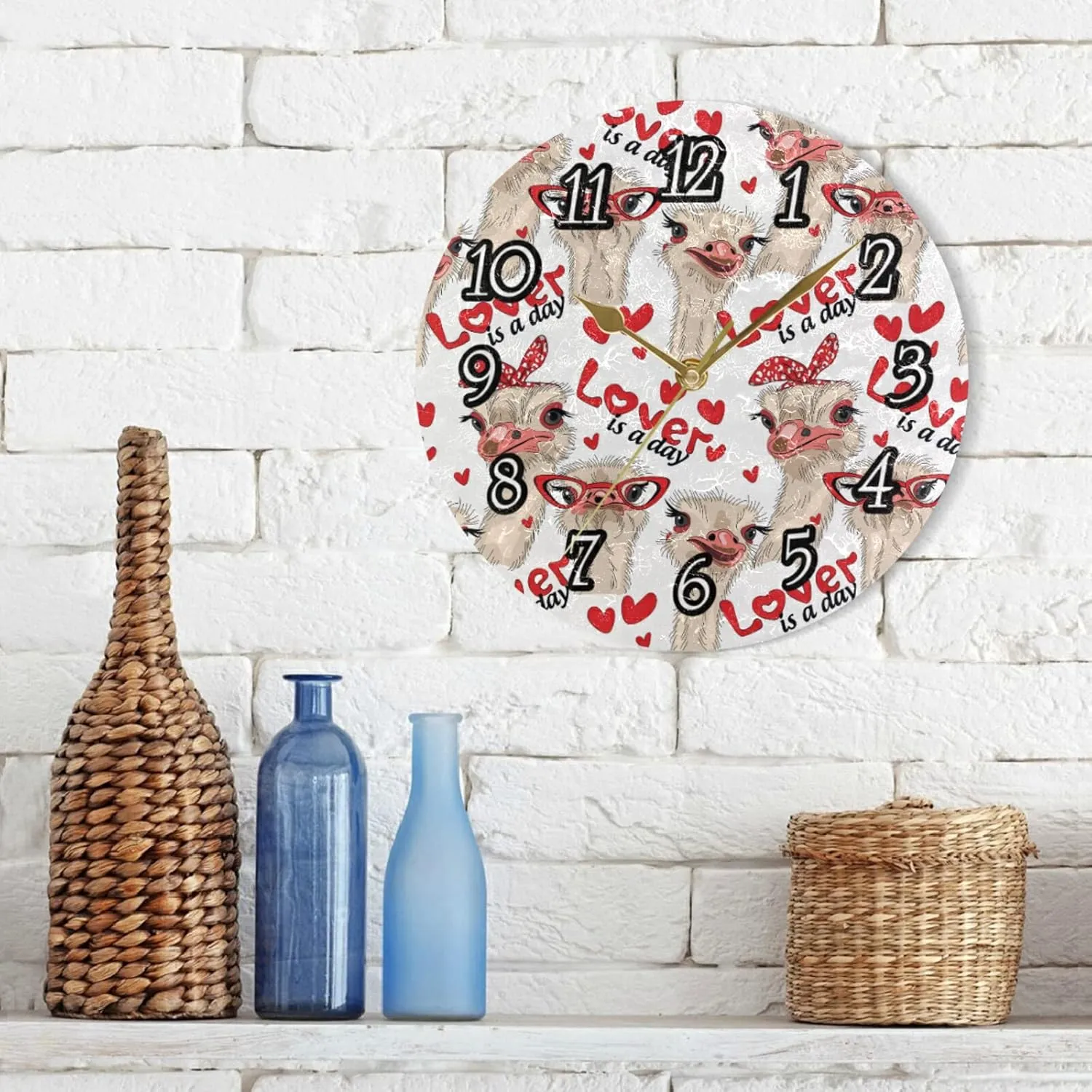 Seamless Ostriches with Red Glasses Hairpins Lover is a Day Letterings Wall Clock, Silent Non-Ticking Easy to Read Round Decorative Wall Clock with Gold Hands for Home Office School 9.5" in Diameter