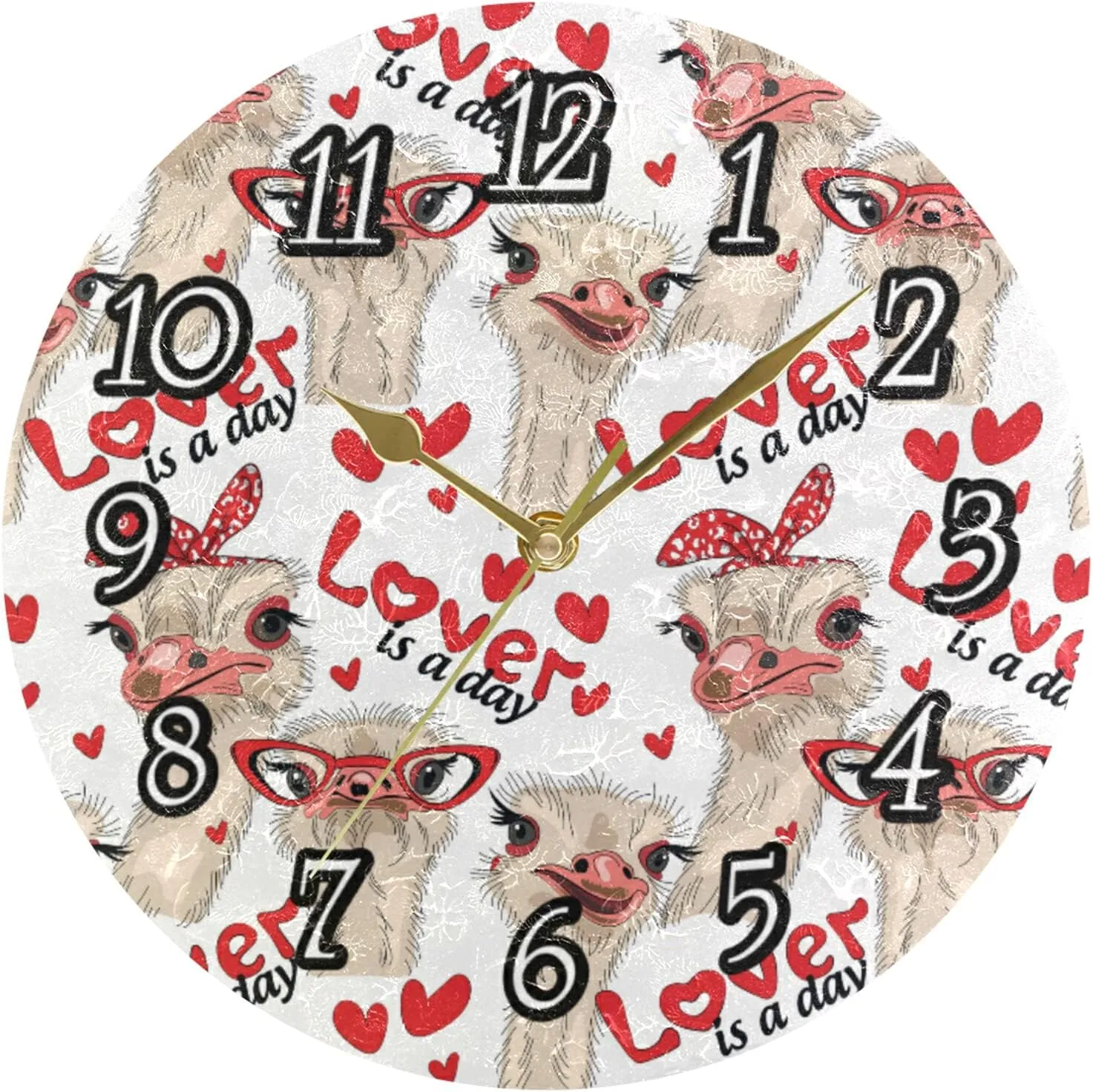 Seamless Ostriches with Red Glasses Hairpins Lover is a Day Letterings Wall Clock, Silent Non-Ticking Easy to Read Round Decorative Wall Clock with Gold Hands for Home Office School 9.5" in Diameter