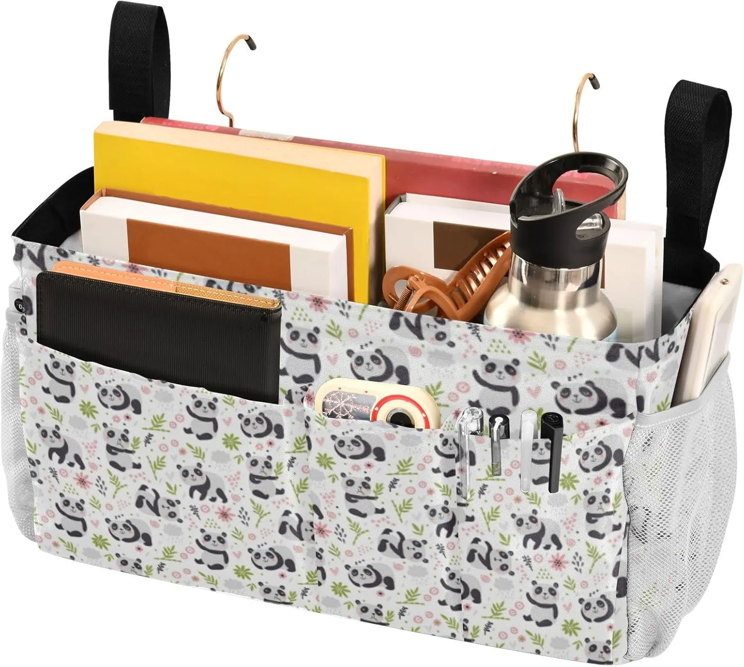 Seamless Pandas and Green Floral Flowers on White Iron Frame Bedside Hanging Bag Magazine Holders Bedside Bag With Hooks for Dorm Bed Bunk Bed 14.2 x 4.9 x 7.9 inch