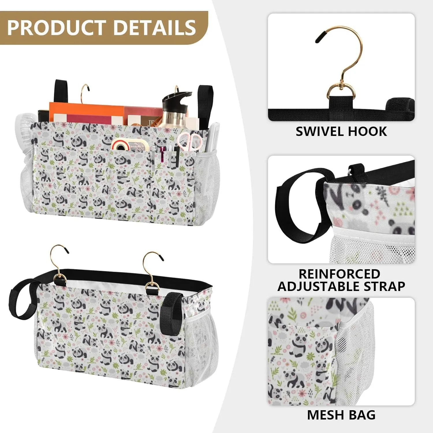 Seamless Pandas and Green Floral Flowers on White Iron Frame Bedside Hanging Bag Magazine Holders Bedside Bag With Hooks for Dorm Bed Bunk Bed 14.2 x 4.9 x 7.9 inch