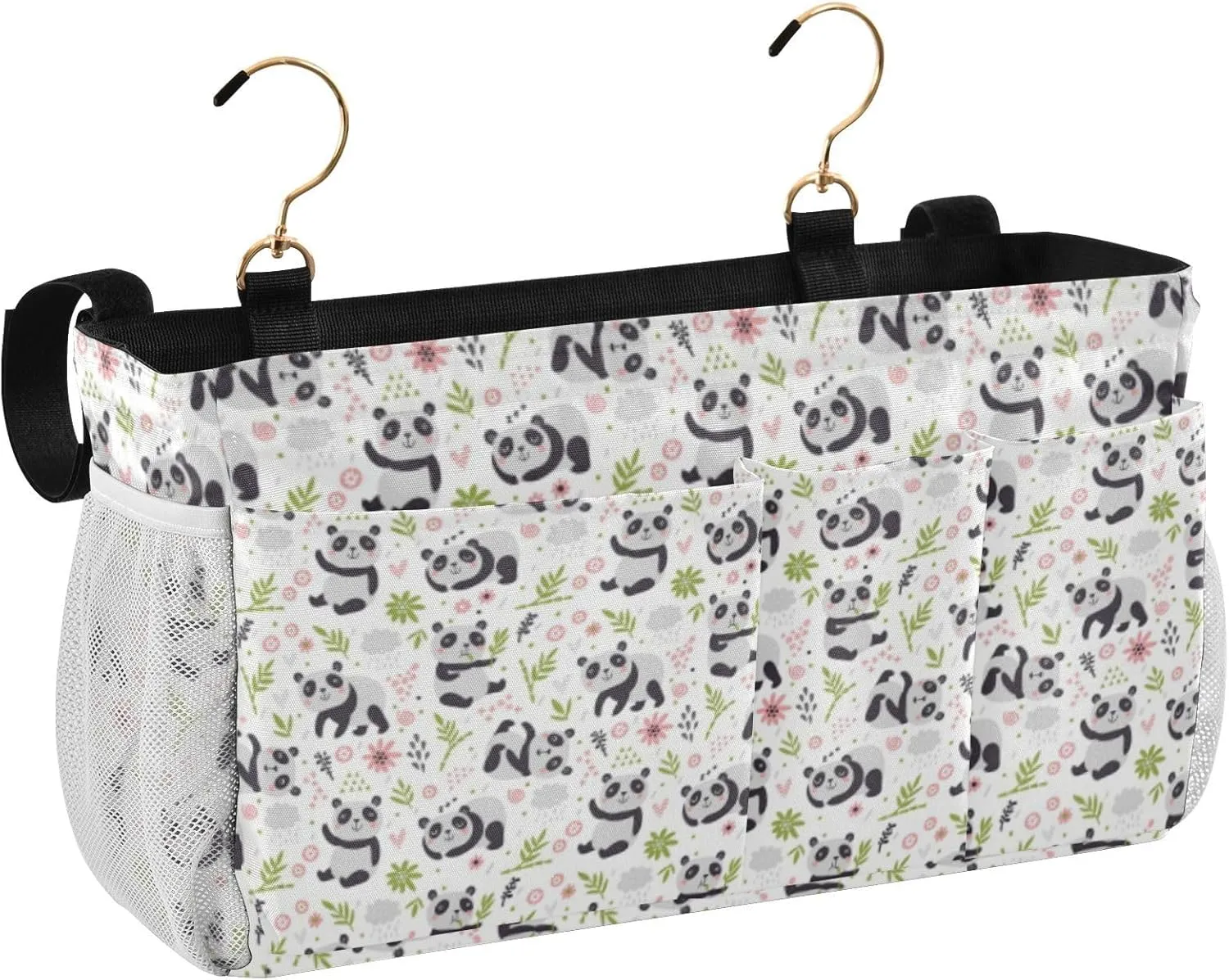 Seamless Pandas and Green Floral Flowers on White Iron Frame Bedside Hanging Bag Magazine Holders Bedside Bag With Hooks for Dorm Bed Bunk Bed 14.2 x 4.9 x 7.9 inch
