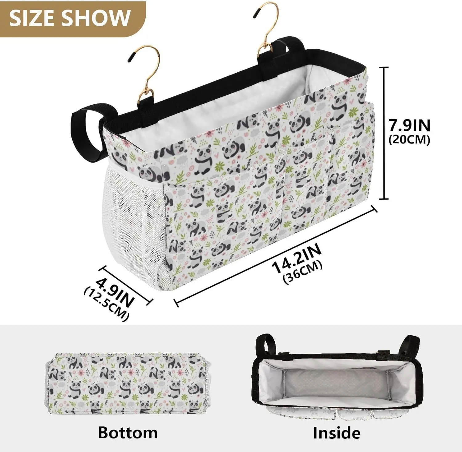 Seamless Pandas and Green Floral Flowers on White Iron Frame Bedside Hanging Bag Magazine Holders Bedside Bag With Hooks for Dorm Bed Bunk Bed 14.2 x 4.9 x 7.9 inch