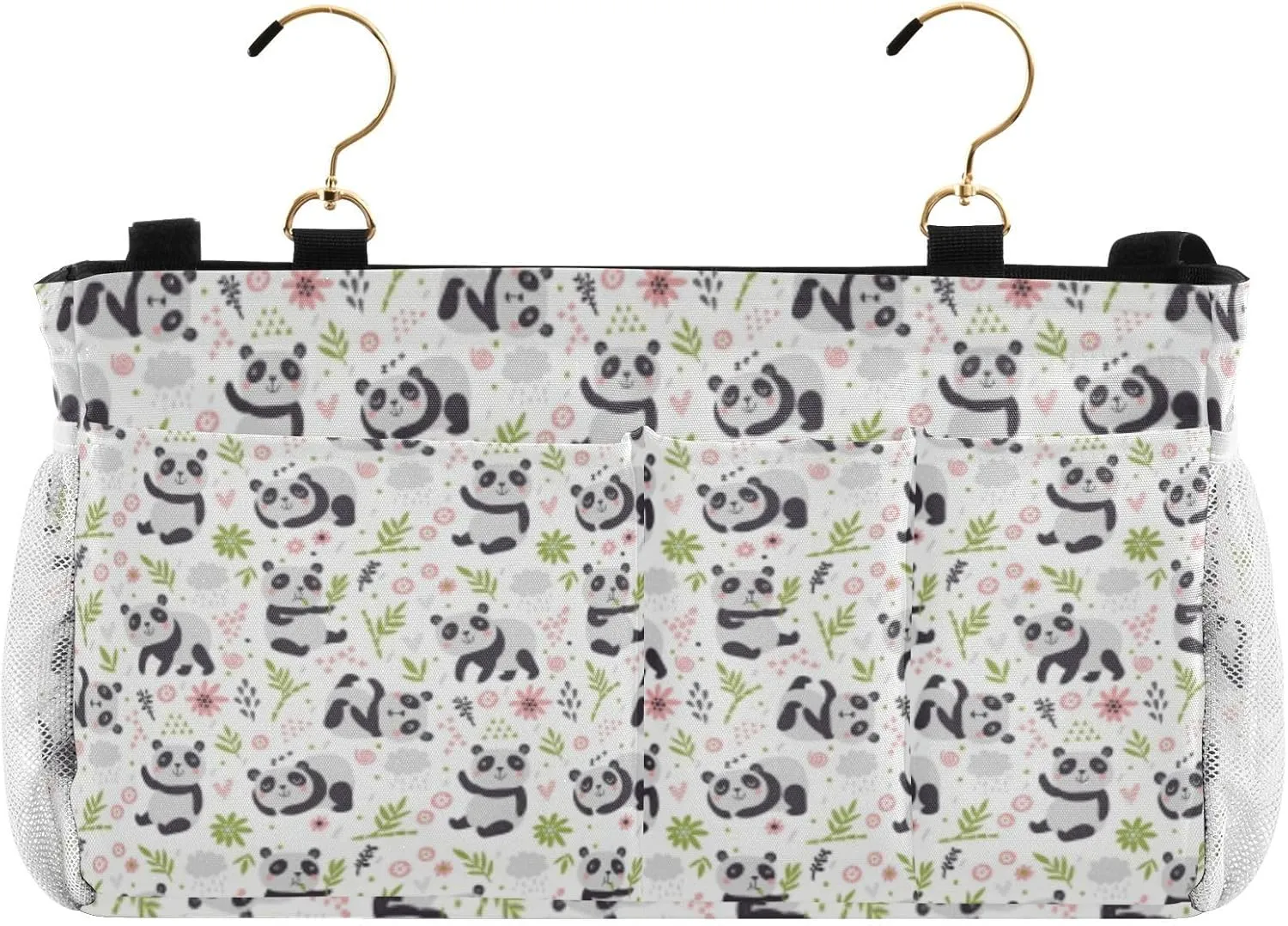 Seamless Pandas and Green Floral Flowers on White Iron Frame Bedside Hanging Bag Magazine Holders Bedside Bag With Hooks for Dorm Bed Bunk Bed 14.2 x 4.9 x 7.9 inch